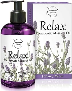 Relax Therapeutic Body Massage Oil - with Best Essential Oils for Sore Muscles & Stiffness – Lavender, Peppermint & Marjoram - All Natural - with Sweet Almond, Grapeseed & Jojoba Oil 8oz