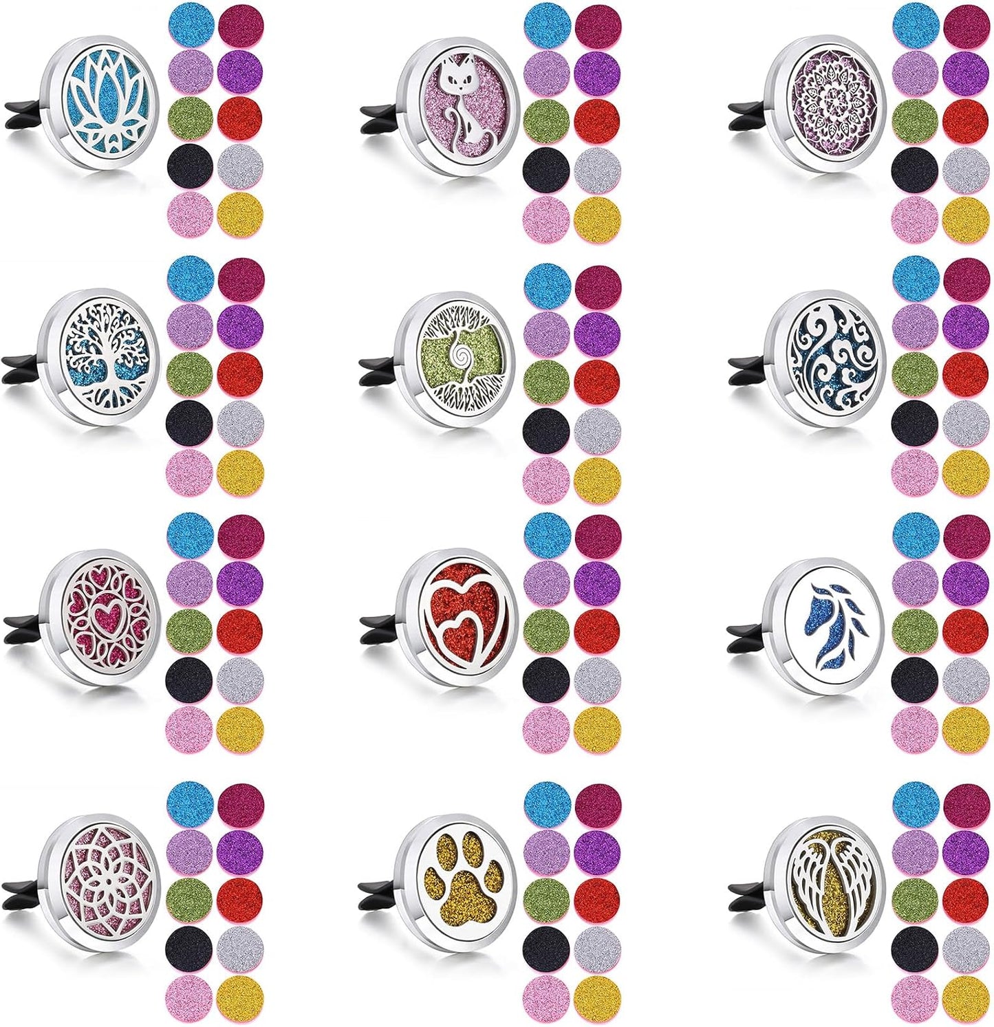 12pcs Car Aromatherapy Clip, Car Diffuser, Car Aromatherapy Essential Oil Diffuser, 30mm-Aromatherapy Diffuser 12pcs Set with 120 Glitter Powder Cotton Pads