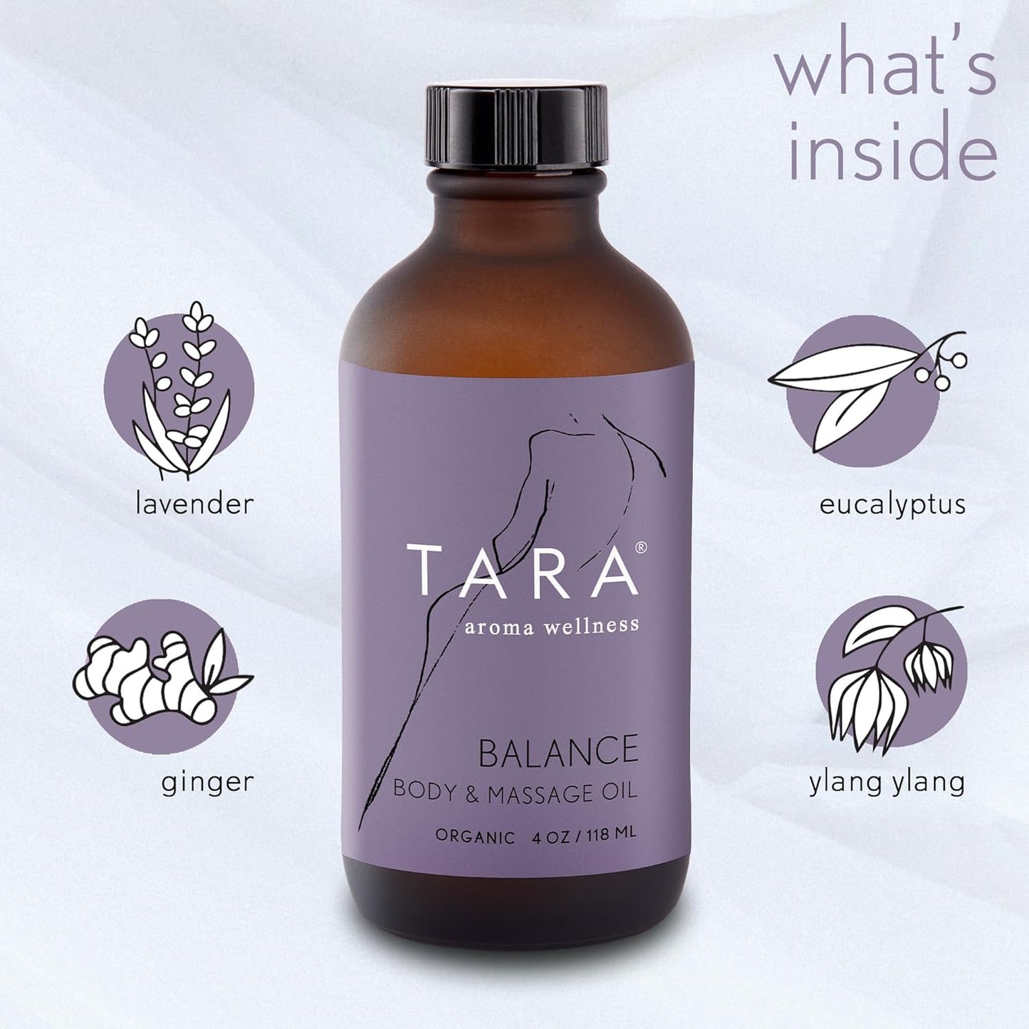 TARA Spa Therapy Balance Massage Oil – Premium Organic Oil for Relaxation & Stress Relief, 100% Pure Essential Oils, Ylang Ylang, Orange & Vetiver, 4 oz
