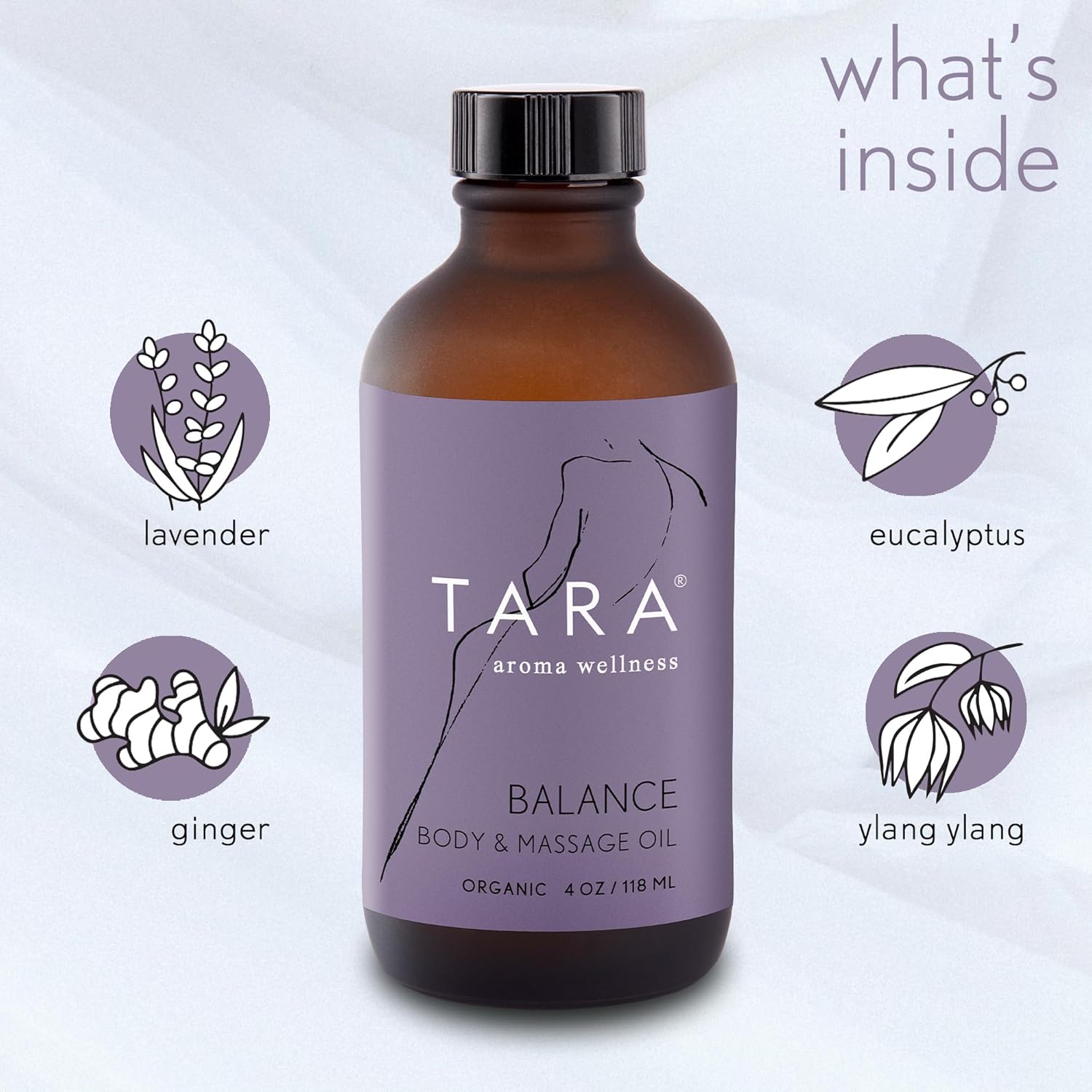TARA Spa Therapy Balance Massage Oil – Premium Organic Oil for Relaxation & Stress Relief, 100% Pure Essential Oils, Ylang Ylang, Orange & Vetiver, 4 oz