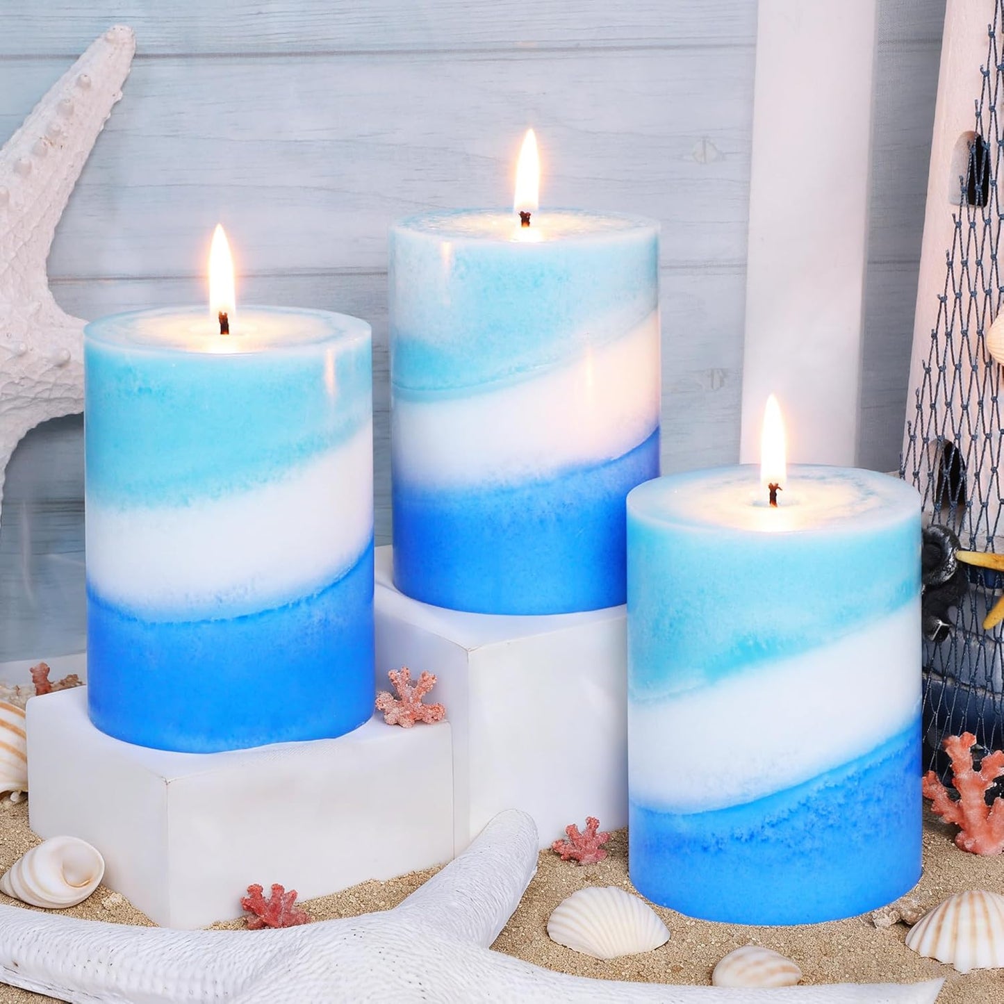 Ocean Scented Pillar Candles, 3x4 Inch, Handmade Striped Paraffin Wax Candles with 100% Cotton Core, 1PC Scented Candle 50+ Hour Burn Time, Set of 3