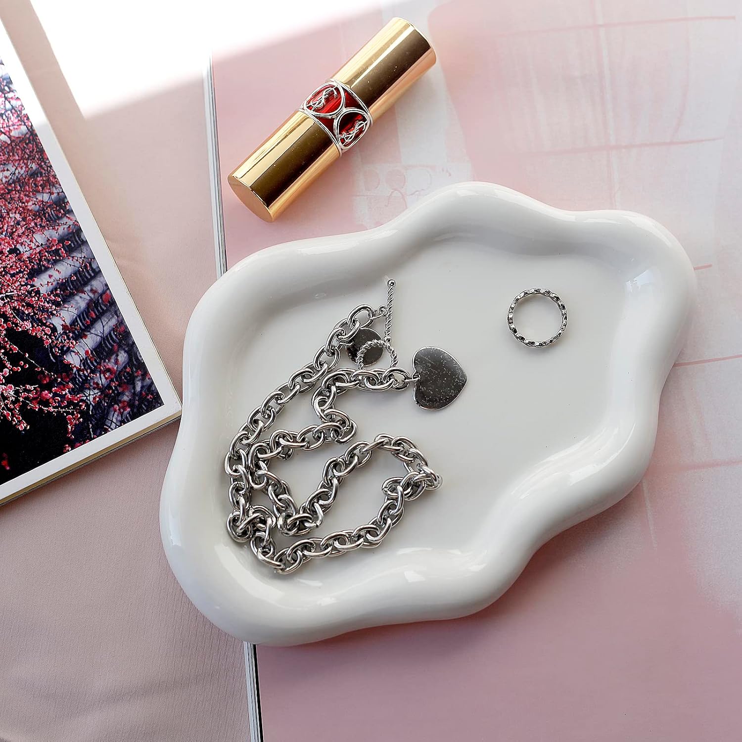 Jewelry Dish Trinket Tray for Women, Ring Dish Holder, Unique Cloud Shape Ceramic Plate Cute Things Vanity Aesthetic Room Decor Mother's Day Birthday (White)