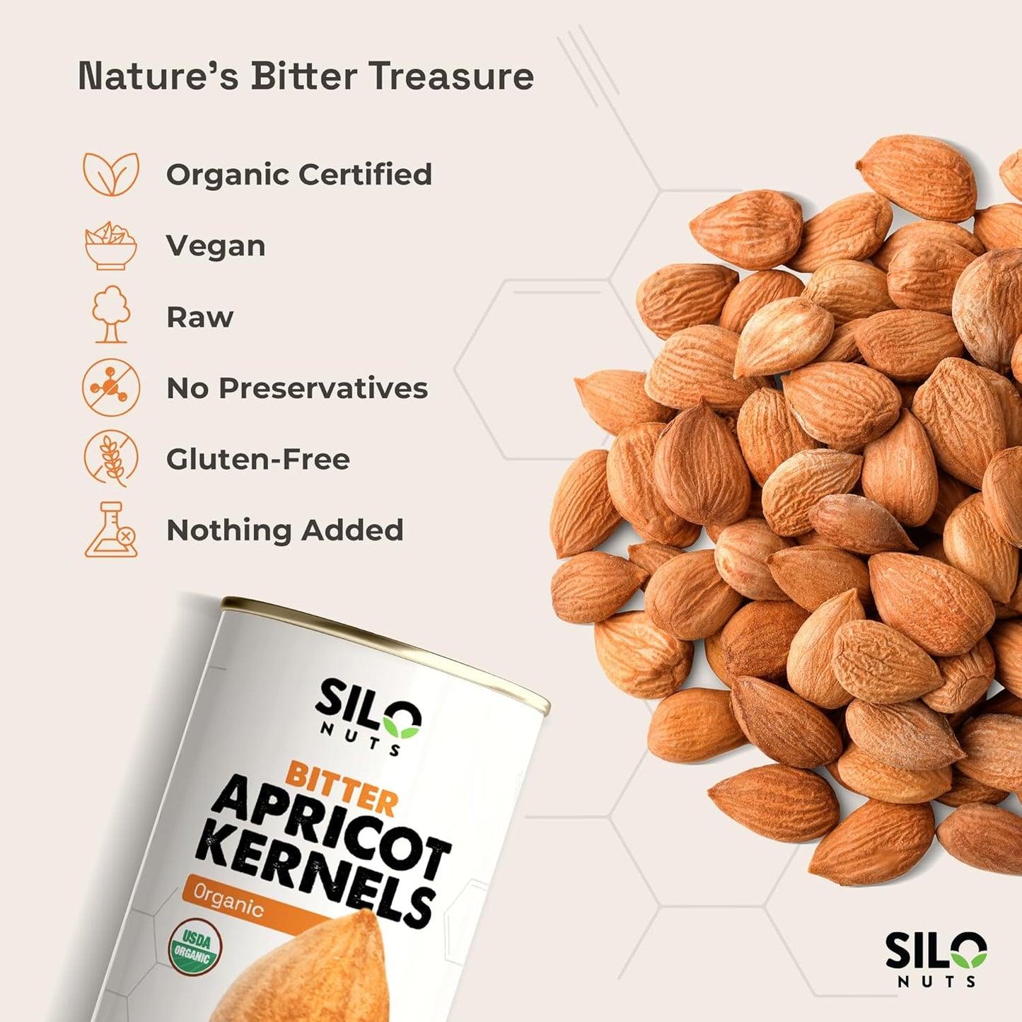 SILO Nuts Organic Bitter Apricot Kernels - 16 oz USDA Certified Organic Bitter Apricot Seeds - Natural & Non-GMO, Premium Quality Kernals, No Sulfur or Additives