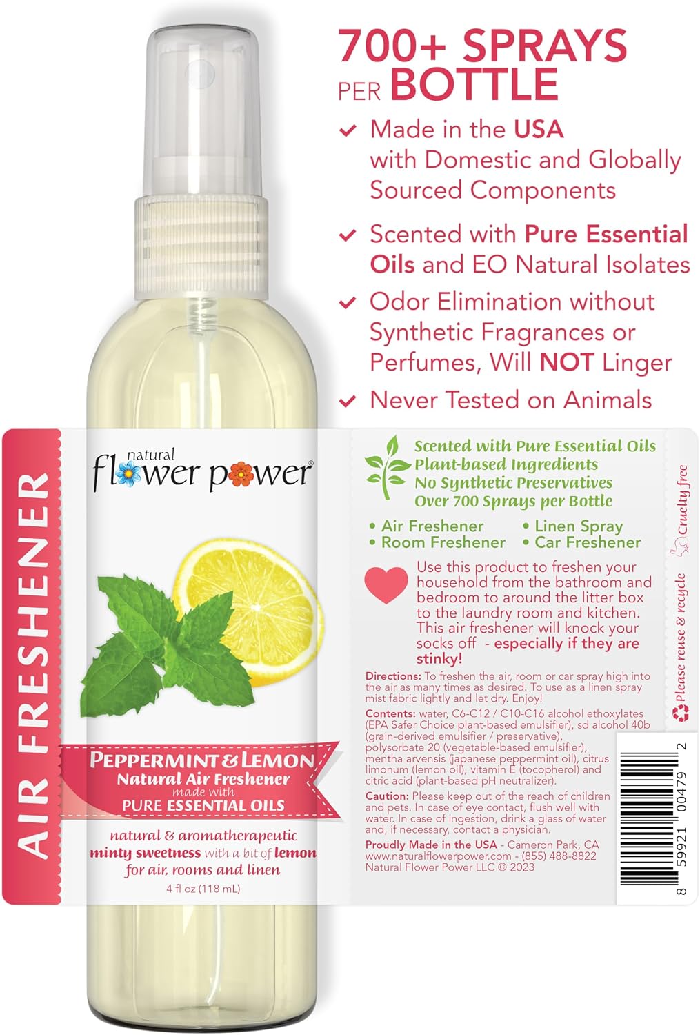 Natural Flower Power Air Freshener Spray - Odor Eliminator with Essential Oils for the Home, Car & Fabric - Cruelty Free & Vegan - Peppermint & Lemon - 3 x 4 oz