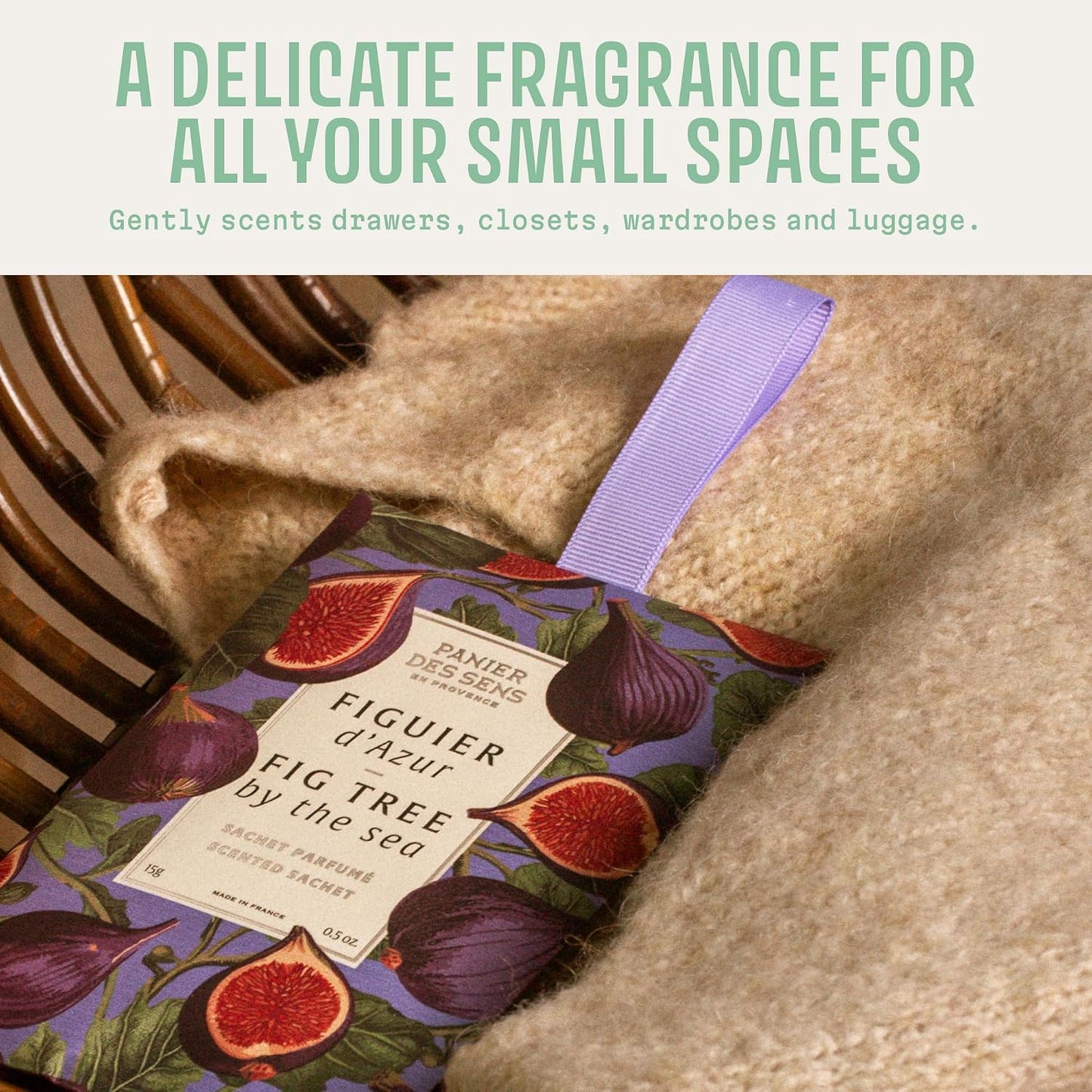 Panier des Sens Mediterranean Fig Scented Sachets, 2-Pack, 1 oz | Made In France Scented Sachets | For Drawers, Closets, Linens & Wardrobes | Long-Lasting Fragrance For Small Spaces