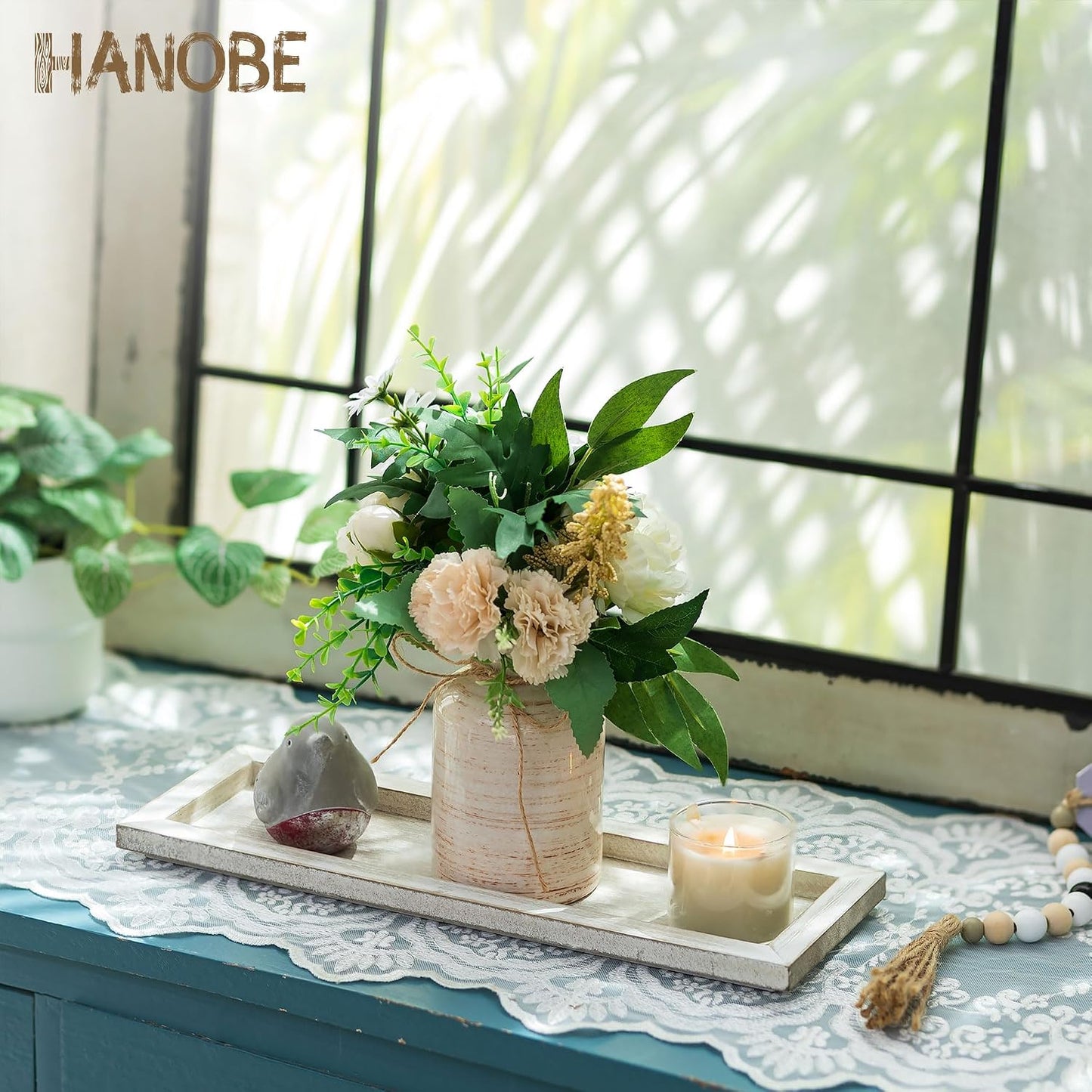 Hanobe Candle Tray Decorative Rectangle: Rustic Long Narrow Farmhouse Centerpiece Trays Whitewashed Wood Candles Holder Plate for Kitchen Coffee Table Dining Room Home Decor