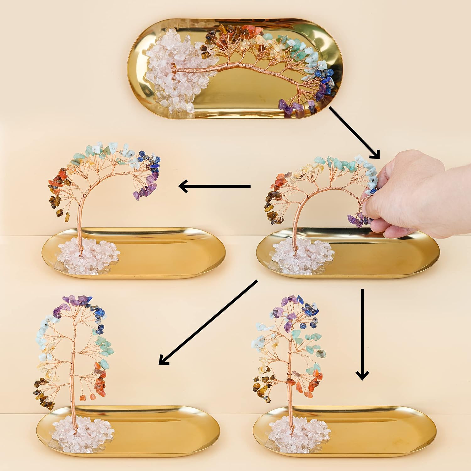 ZenBless 7 Chakra Healing Crystal Tree Incense Holder Palo Santo Sage Burner Brass Ash Catcher for Incense Sticks Coil Cones Yoga Meditation Zen Spiritual Room Home Decoration (Oval)
