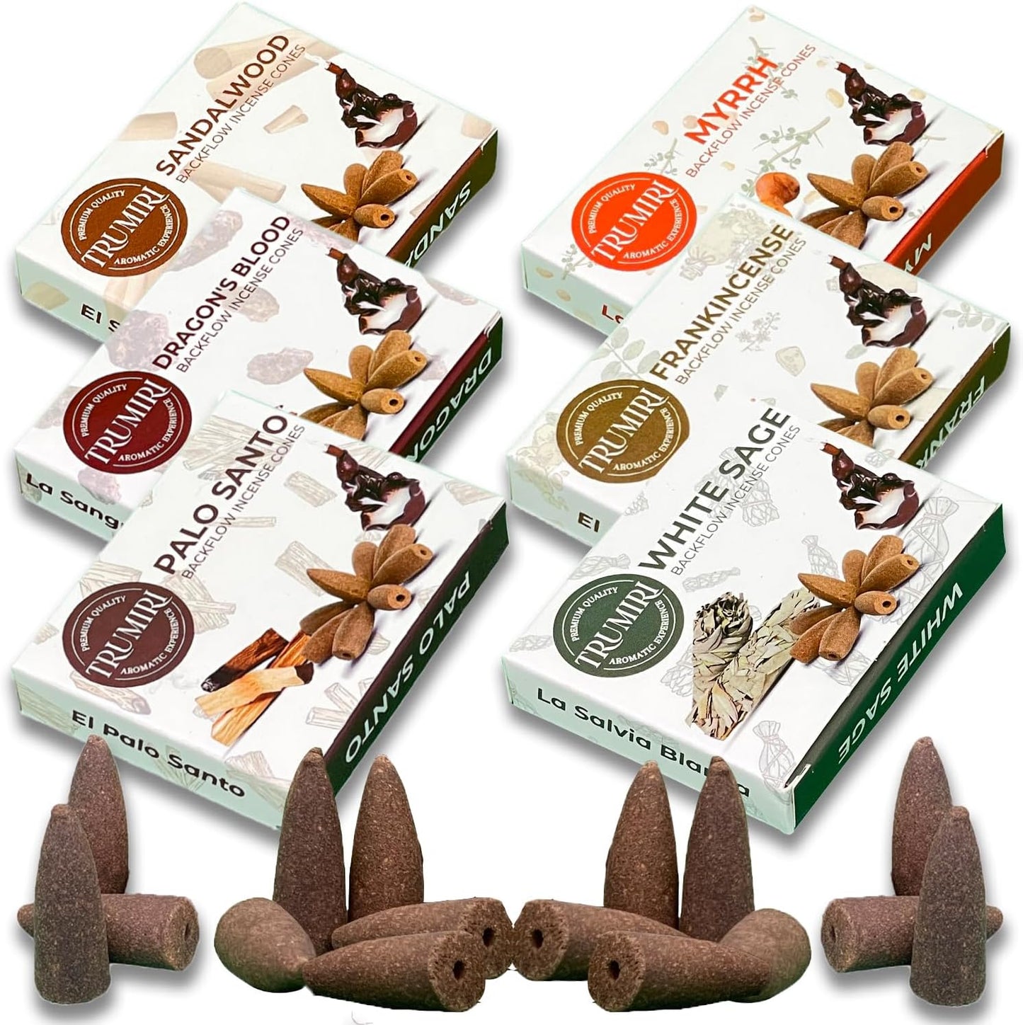 Woody - Backflow Incense Cones for Waterfall - Scented Inscents-Cones - Sandalwood, Dragons Blood, Palo Santo, White Sage - Insiensos Aromaticos - 6x10=60 Large Variety Pack - Back Flow Down Reverse