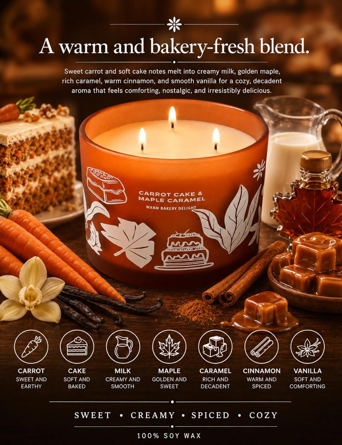Carrot Cake Maple Caramel Scented Candle | Large 3 Wick Scented Soy Candle for Home | 14.5oz Sweet Carrot Cake Candle | Maple Bakery Candles | Long Lasting Clean Burn | Gift for Women & Men