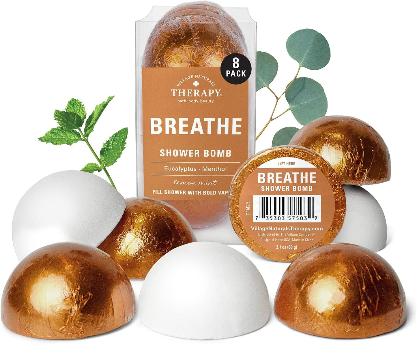 Village Naturals Therapy Breathe Shower Bomb Steamers, Soothing Scent, Eucalyptus and Menthol, 60 g, Pack of 8