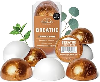 Village Naturals Therapy Breathe Shower Bomb Steamers, Soothing Scent, Eucalyptus and Menthol, 60 g, Pack of 8