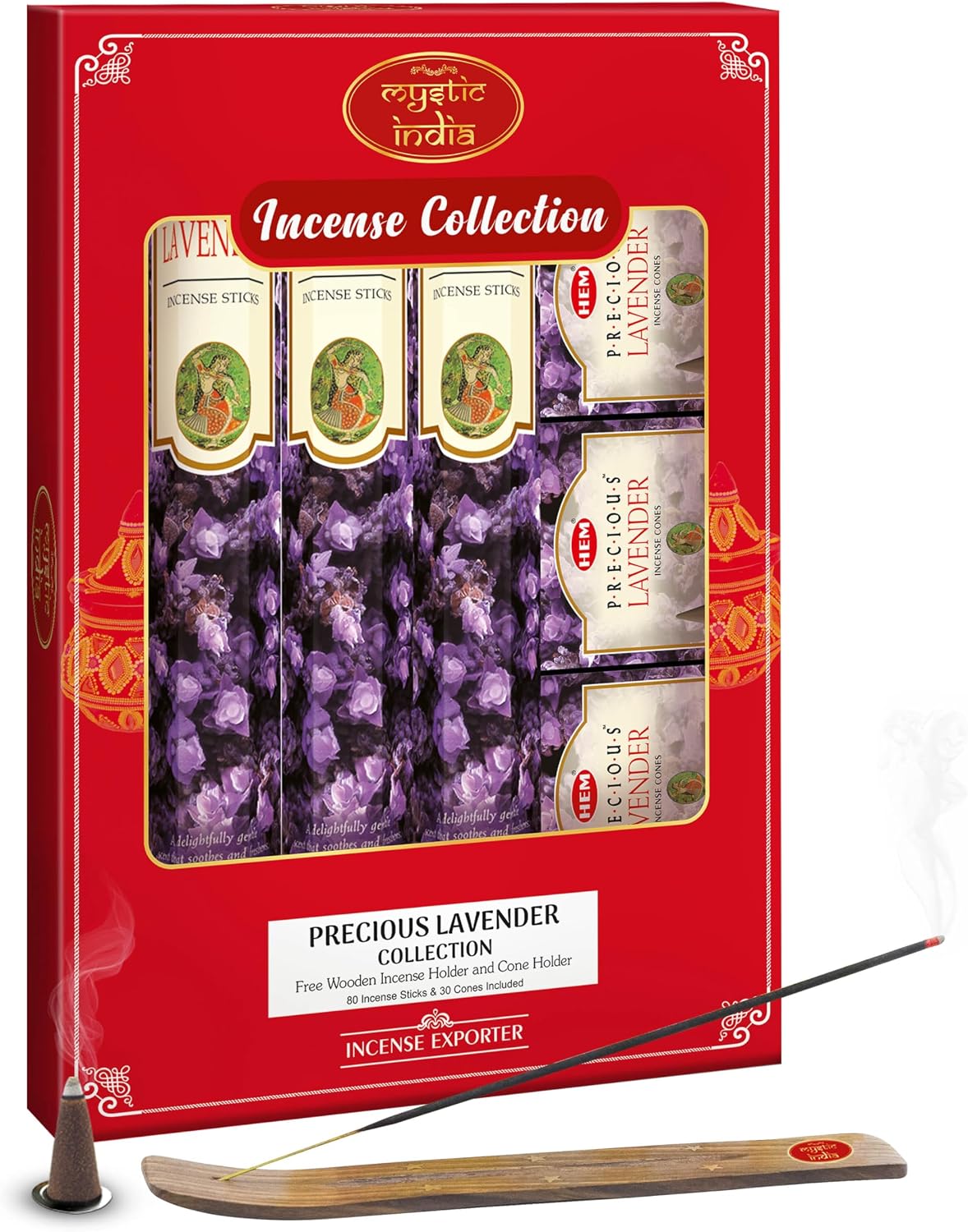 Mystic India - Hem Incense Precious Lavender 4 Tube Hexa & 3 Box Cones with Free Incense Holder & Cone Holders.