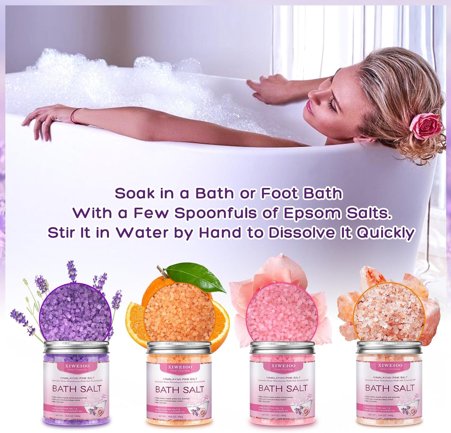 4 Pack Kit Bath Salts for Soaking Himalayan Pink Salt Lavender Orange Rose Pink Scent Epsom Salt Bubble Bath for Women Christmas Gift with Dead Sea Salt Moisturizing Skin