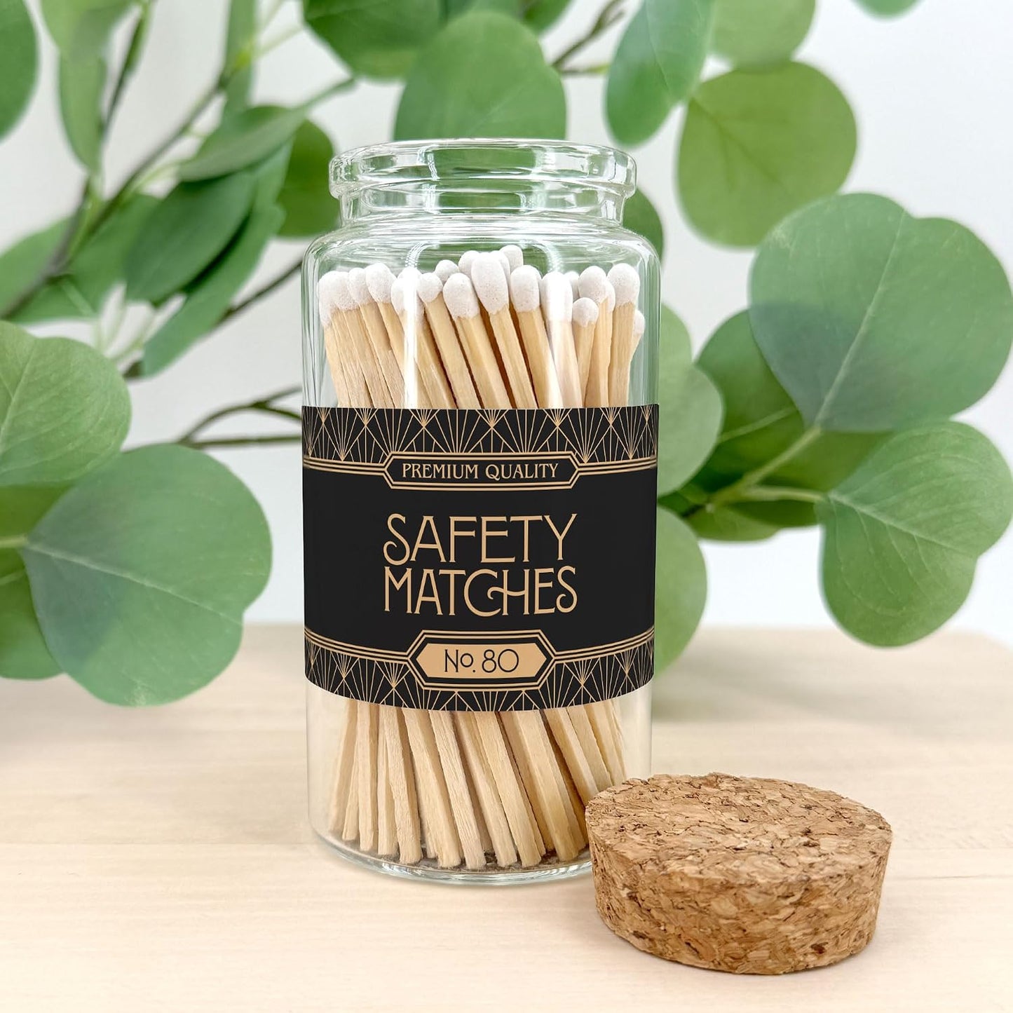 Art Deco Wooden Matches in a Jar with Striker | Decorative Matches for Candles | Long Matches for Candles in Apothecary Glass Jar | Approx. 80 Safety Matches for Home Decor & Bathroom