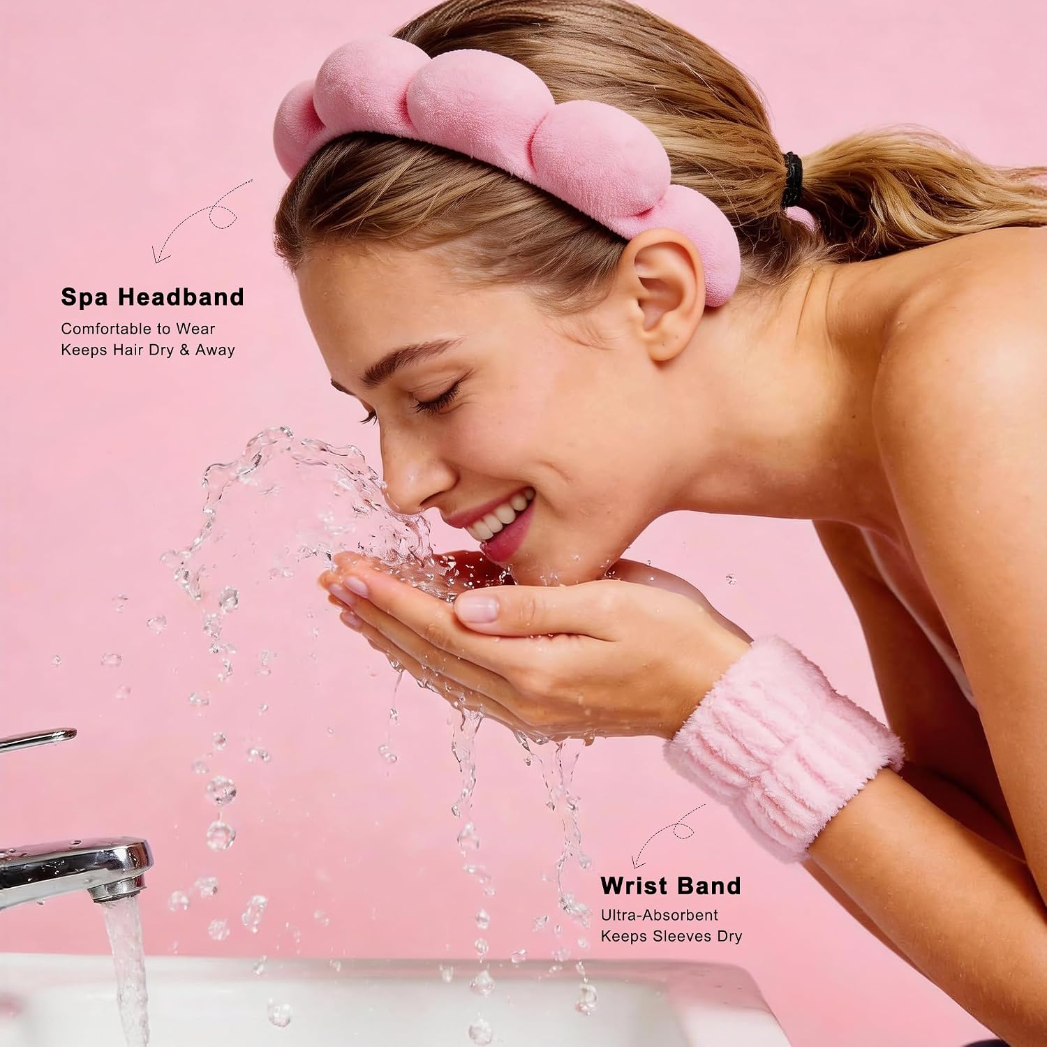 Real Perfection Spa Headband for Washing Face, Skincare Headband Wristband Set for Facial Mask Skin Care, Makeup Remover Towel Cloth Small Spray Bottle with Travel Makeup Bag Gifts for Women - Pink