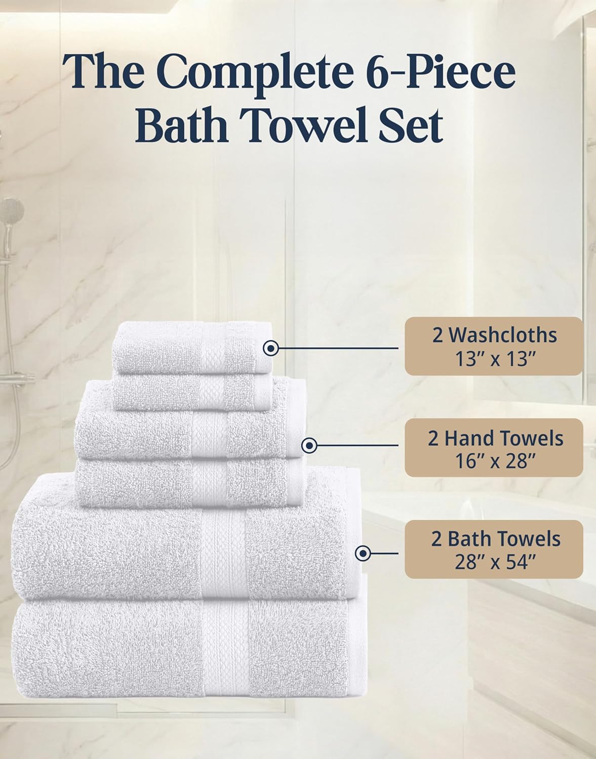 LANE LINEN 100% Cotton Bath Towel Set - 6 Pieces - Super Soft, Highly Absorbent & Quick Dry - 2 Bath, 2 Washcloths, 2 Hand Towels for Bathroom - Hotel Quality, Ideal for Spa, Gym & Travel - White