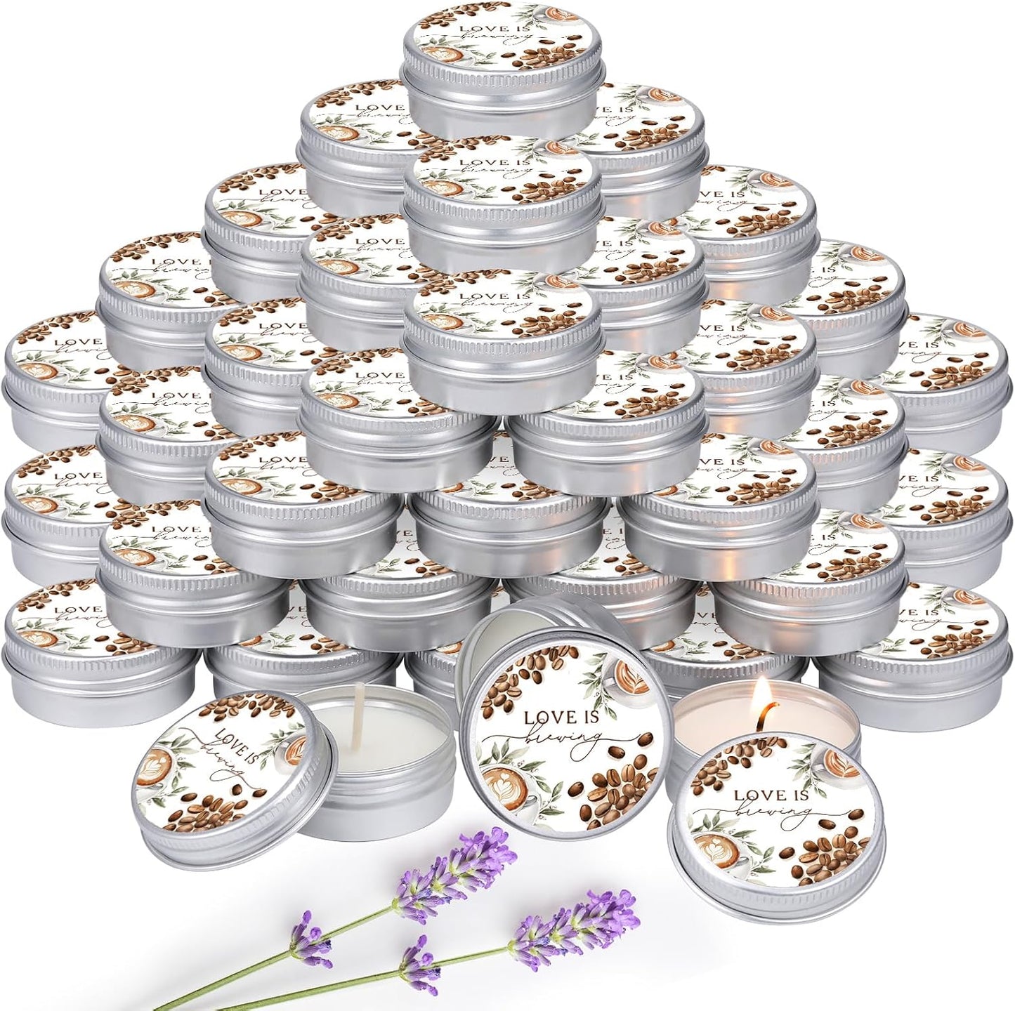 MTLEE 50 Pcs Love is Brewing Bridal Shower Candles Gift Favors for Guests 1 oz Lavender Scented Soy Wax Aromatherapy Coffee Candle Favors for Wedding Party Guests