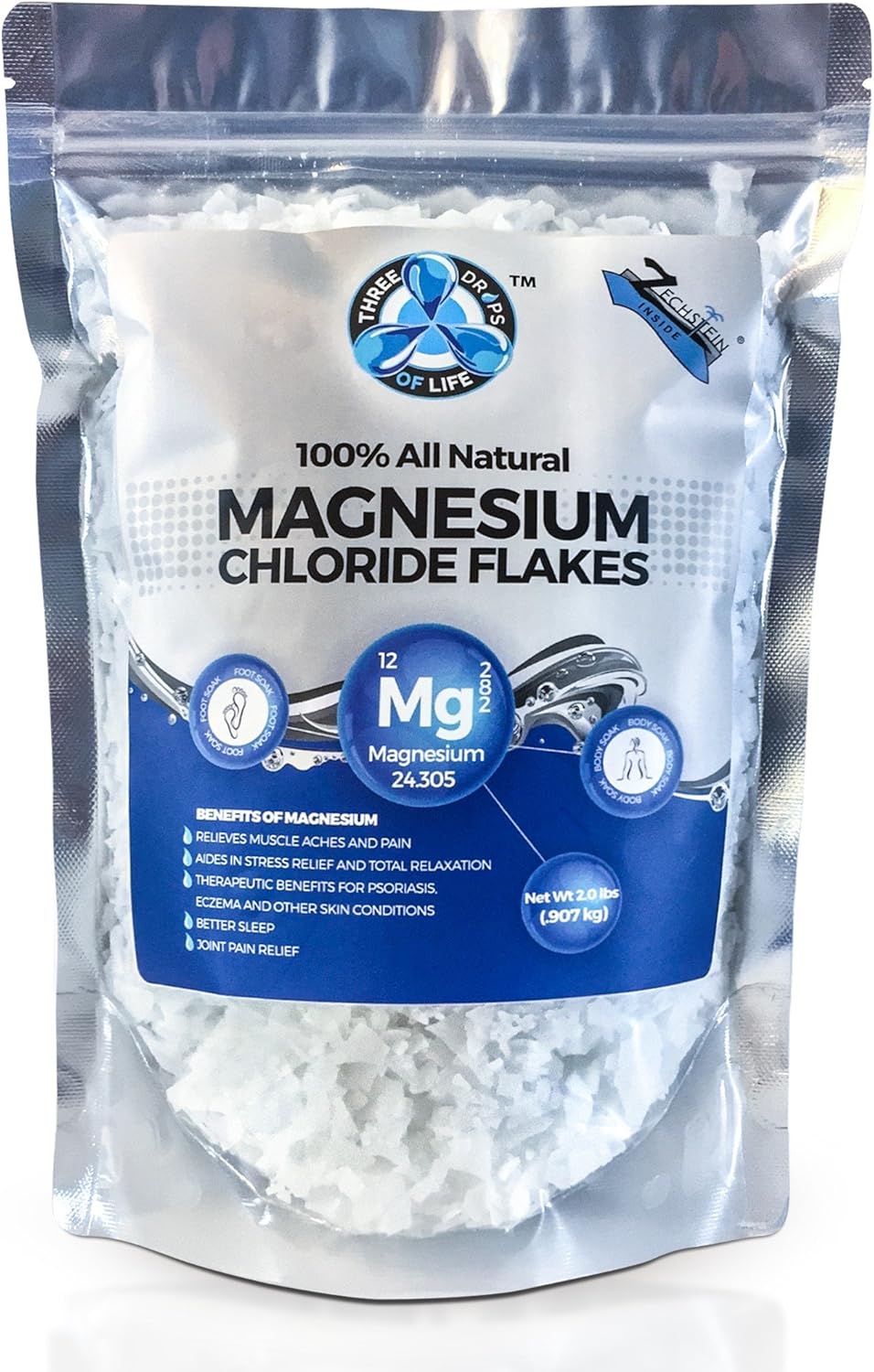 All Natural Magnesium Chloride Flakes, Bathing Alternative to Epsom Salt, Rapid Absorption Efficiency for Wellness and Relaxation, Numerous Foot Soak Health Benefits - 2lb Bulk Bag (2 Pack)