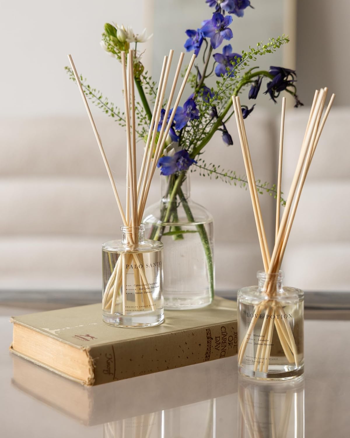 Brooklyn Candle Studio Reed Scent Diffuser - Palo Santo - Relaxing Oil Diffuser, Cedar, Eucalyptus & Sandalwood Fragrance, 8 Rattan Diffuser Reeds, Clean Ingredients - 3.7oz