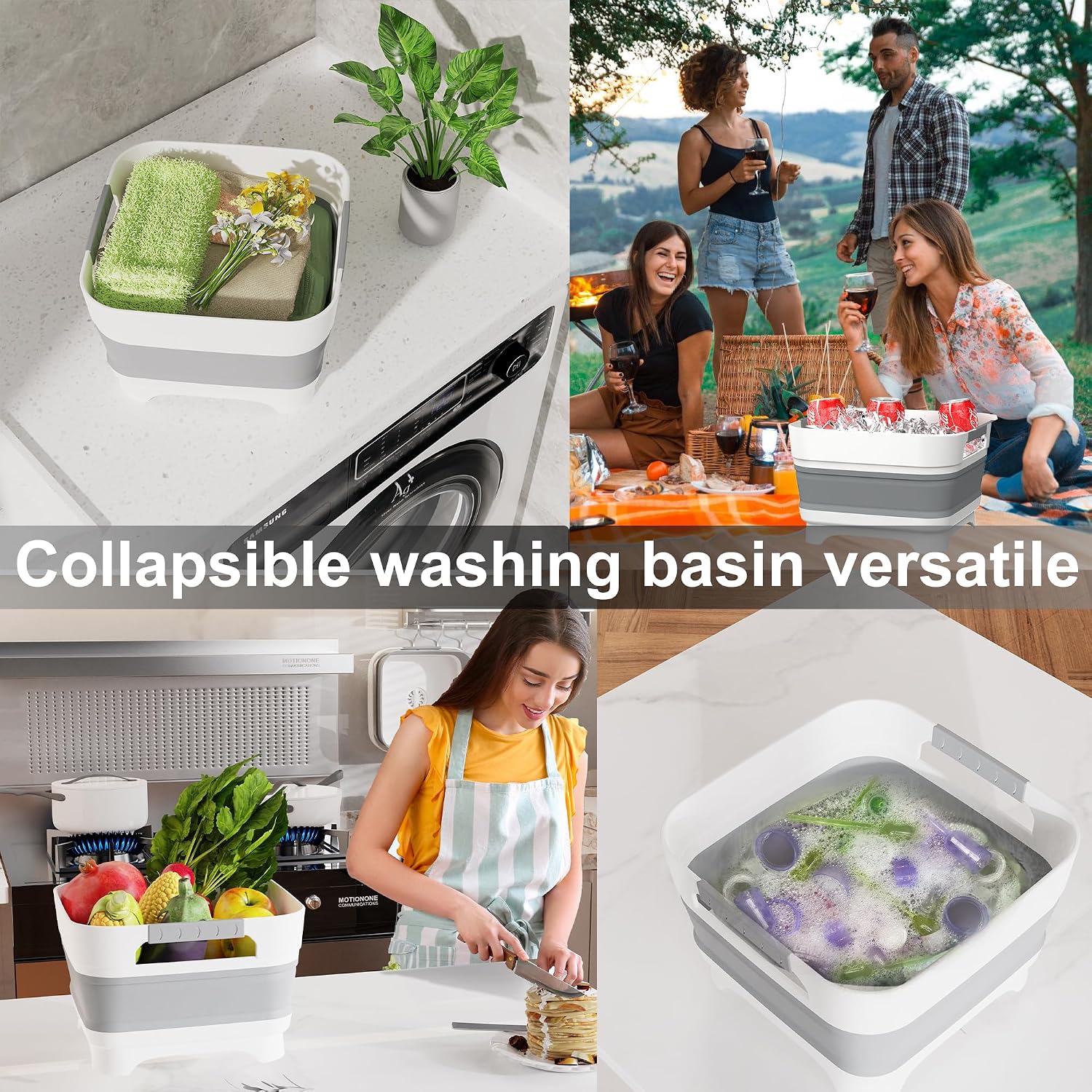 MontNorth 2.4 Gal Collapsible Wash Basin with Drain Plug, 9L, Gray | Portable foldable sink for camping, RV, soaking baby bottles, vegetable washing, ice beverage storage