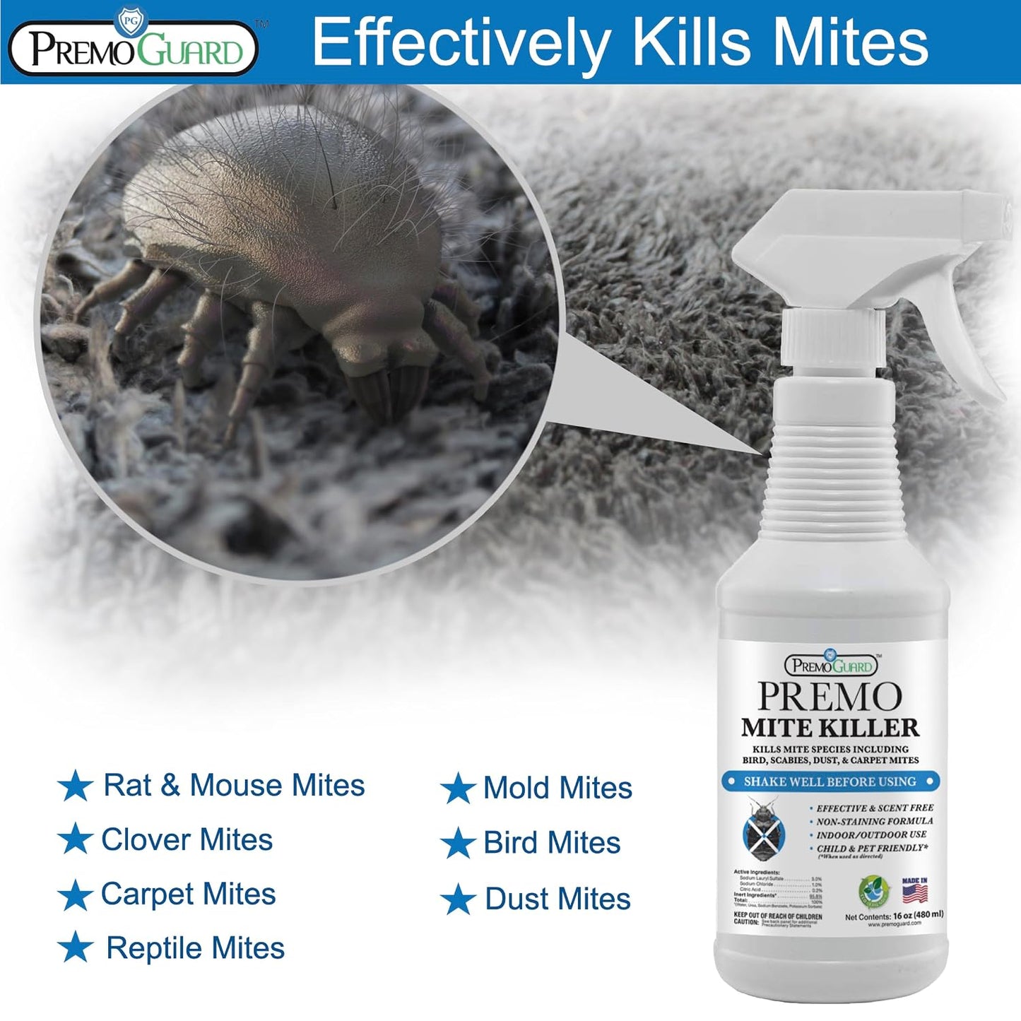 Premo Guard Natural Mite Spray – 16 oz Bottle – Plant Based Treatment for Dust, Spider, Carpet, Bird, Rat Mites – Safe for Families, Pet, Home, Bedding & Furniture When Used As Directed