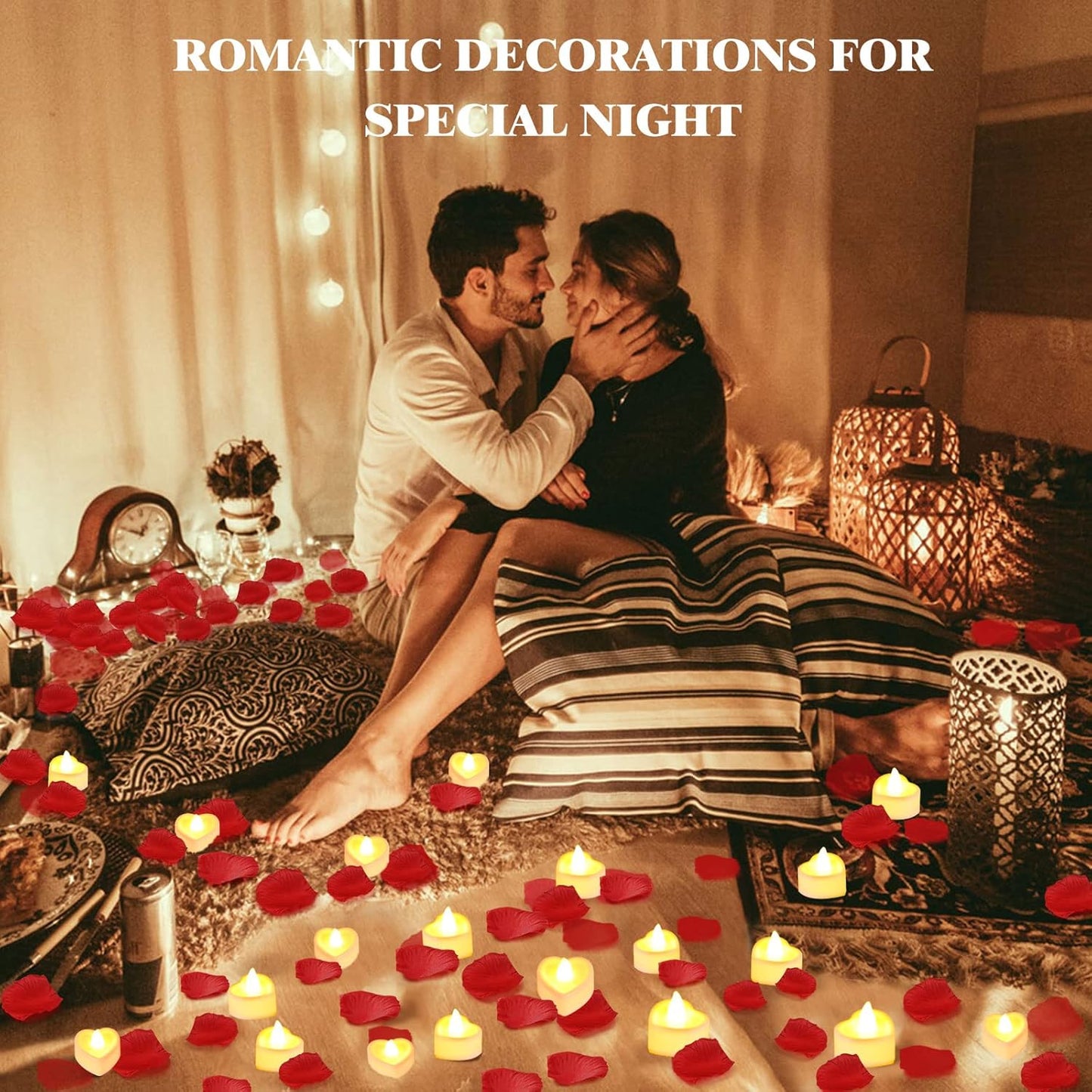 3000 Pcs Artificial Rose Petals with 48 Pcs Heart Flameless Candles Battery LED Tea Lights Candles Set Valentine's Day Wedding Anniversary Decoration