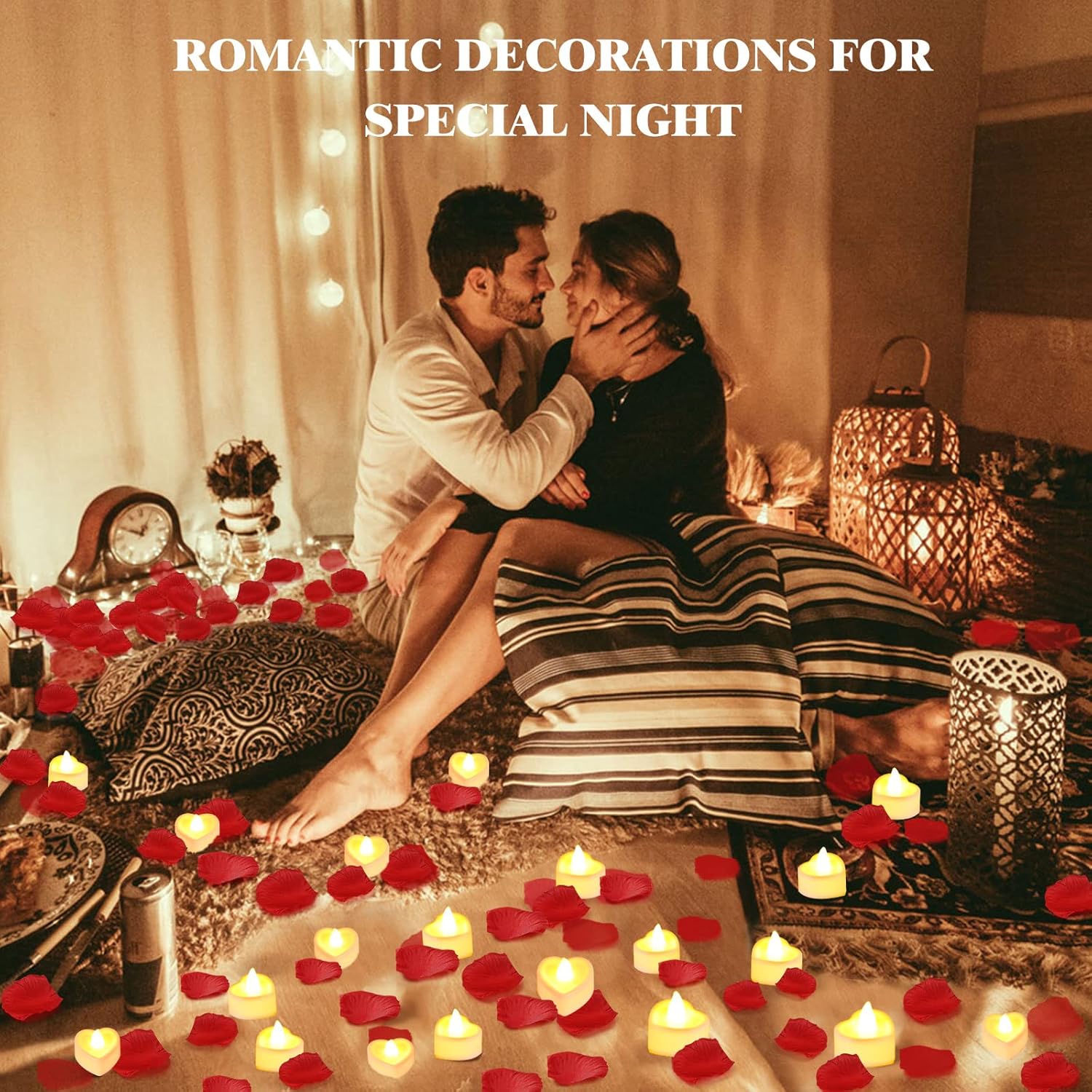 3000 Pcs Artificial Rose Petals with 48 Pcs Heart Flameless Candles Battery LED Tea Lights Candles Set Valentine's Day Wedding Anniversary Decoration
