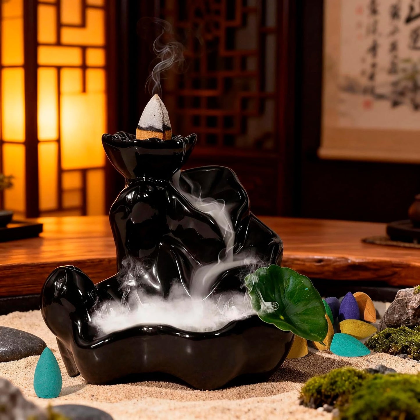 STRN Backflow Incense Cones with Burner for Waterfall, 8 Scented Incense Cone 24 PCS, Sandalwood, Agarwood, Jasmine, Lavender, Backflow Smoke Burning Cone Incense Bulks for Home Fragrance, Bathroom