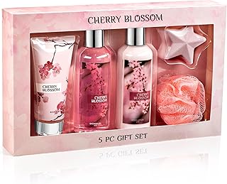 Fragrance Bath & Body Collection Gift Box, Includes Shower Gel, Body Lotion, Body Scrub, Bath Bomb & Sponge (Cherry Blossom) – Mother's Day Gift for Mom