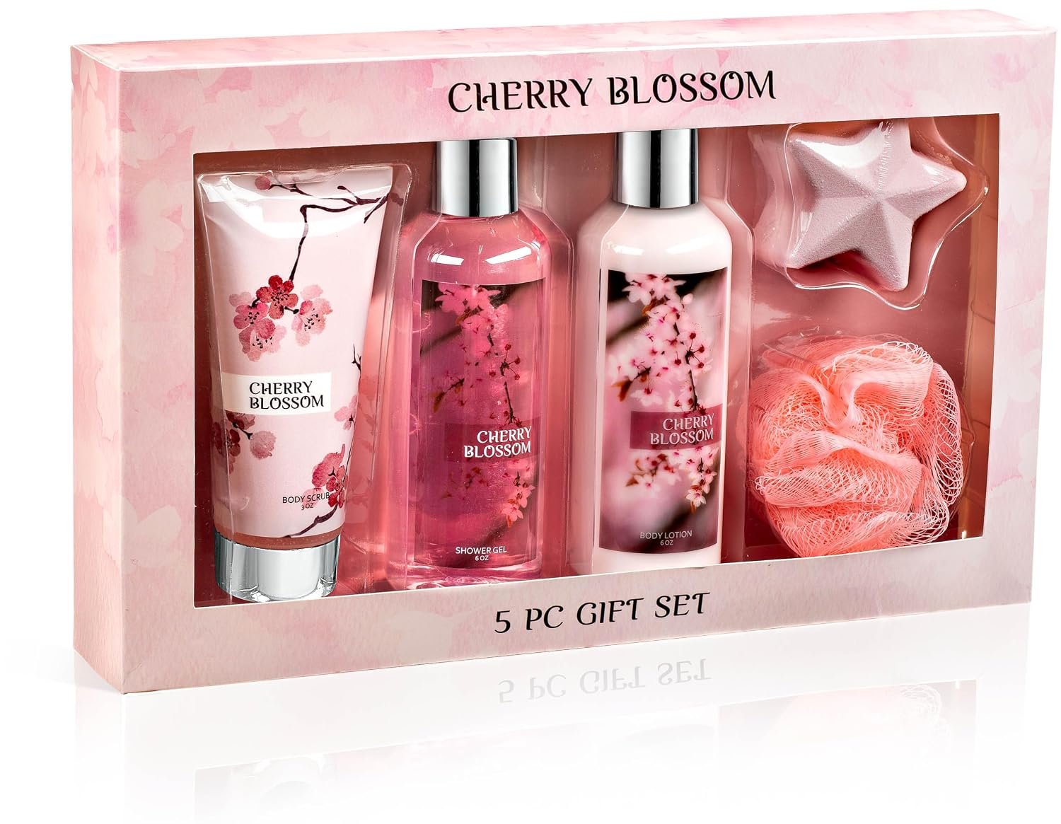 Fragrance Bath & Body Collection Gift Box, Includes Shower Gel, Body Lotion, Body Scrub, Bath Bomb & Sponge (Cherry Blossom) – Mother's Day Gift for Mom