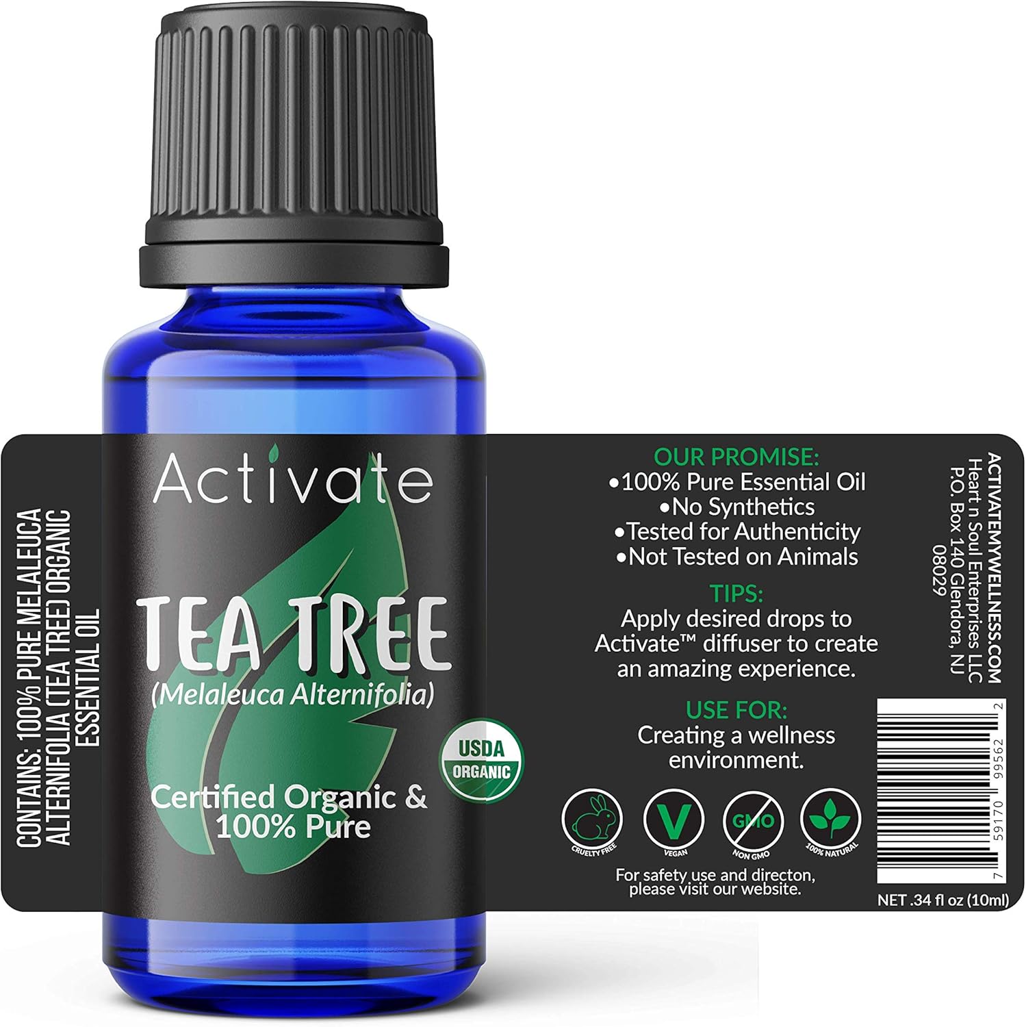 Activate Tea Tree Organic Essential Oil 100% Pure, USDA Certified Organic, Premium Grade, Undiluted, Non-GMO, Therapeutic Natural Oils, Aromatherapy & Diffuser Use 10ml