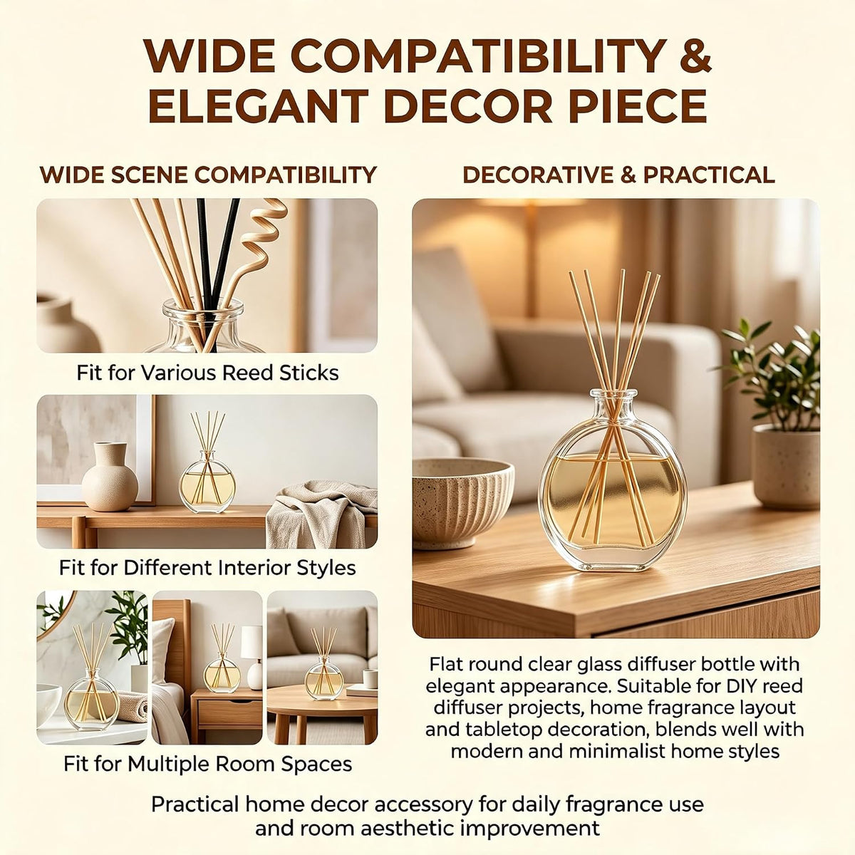1 Pack 150ml/5oz Flat Round Clear Glass Reed Diffuser Bottles, Refillable Aromatherapy Essential Oil Bottles for Bathroom, Home &amp; Office Decor