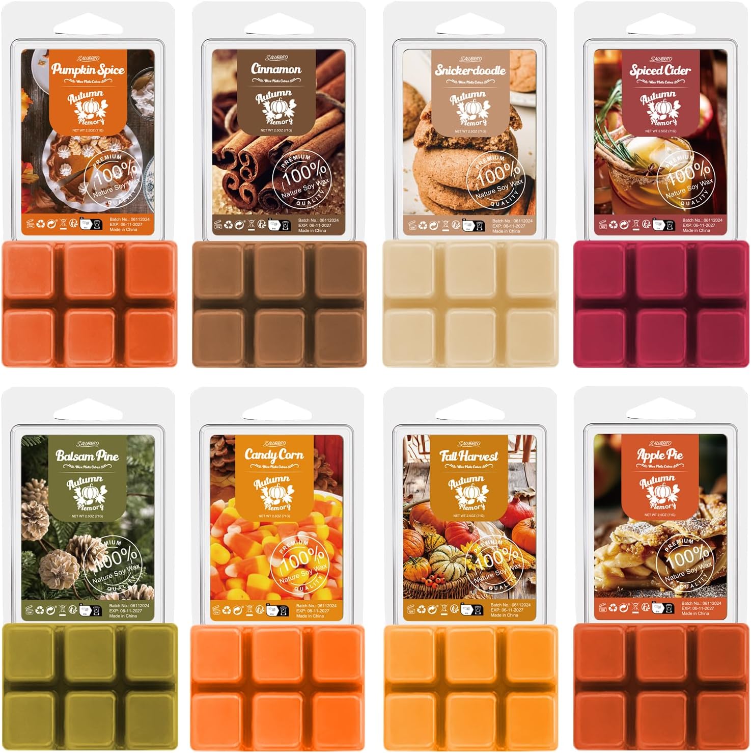 Salubrito Fall Scented Wax Melts, Strong Scented Soy Wax Cubes/Tarts Variety Set- Pumpkin Spice, Cinnamon, Spiced Cider, Snickerdoodle, Balsam Pine, Candy Corn, Fall Harvest, Apple Pie, 8x2.5oz