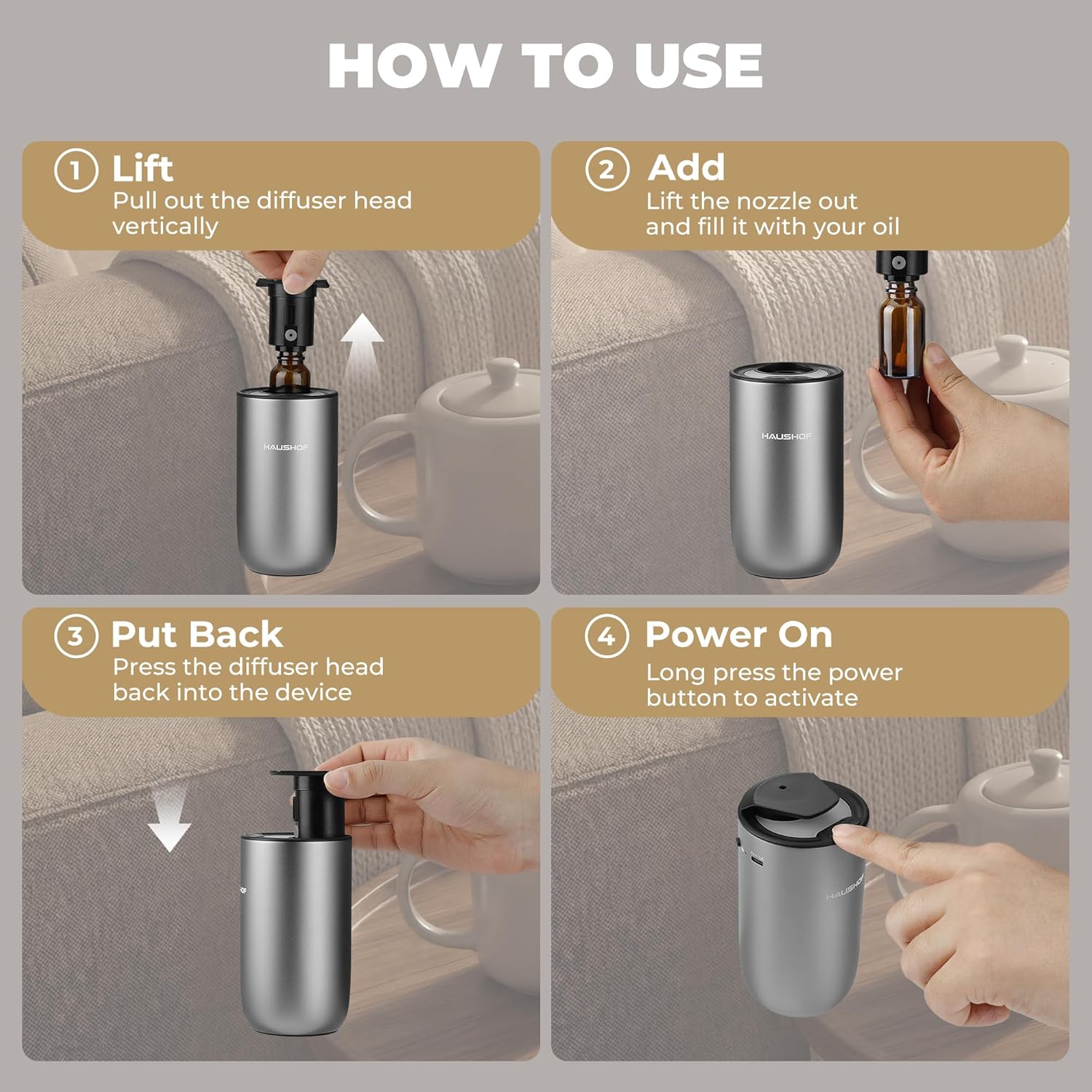 HAUSHOF Waterless Essential Oil Diffuser for Home & Car, Smart Aromatherapy Scent Diffuser with Auto On/Off, 3 Mist Levels & 3 Color Lights, Rechargeable Portable Design, Premium Silver Metal Finish