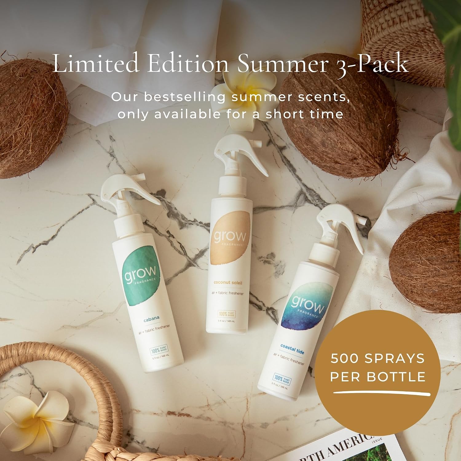 Grow Fragrance Certified Non Toxic, 100% Plant Based Fabric and Room Air Freshener Spray. Made with All Natural Essential Oils | Summer 3 Pack (Coconut Soleil, Cabana, Coastal Tide) 3 x 5oz