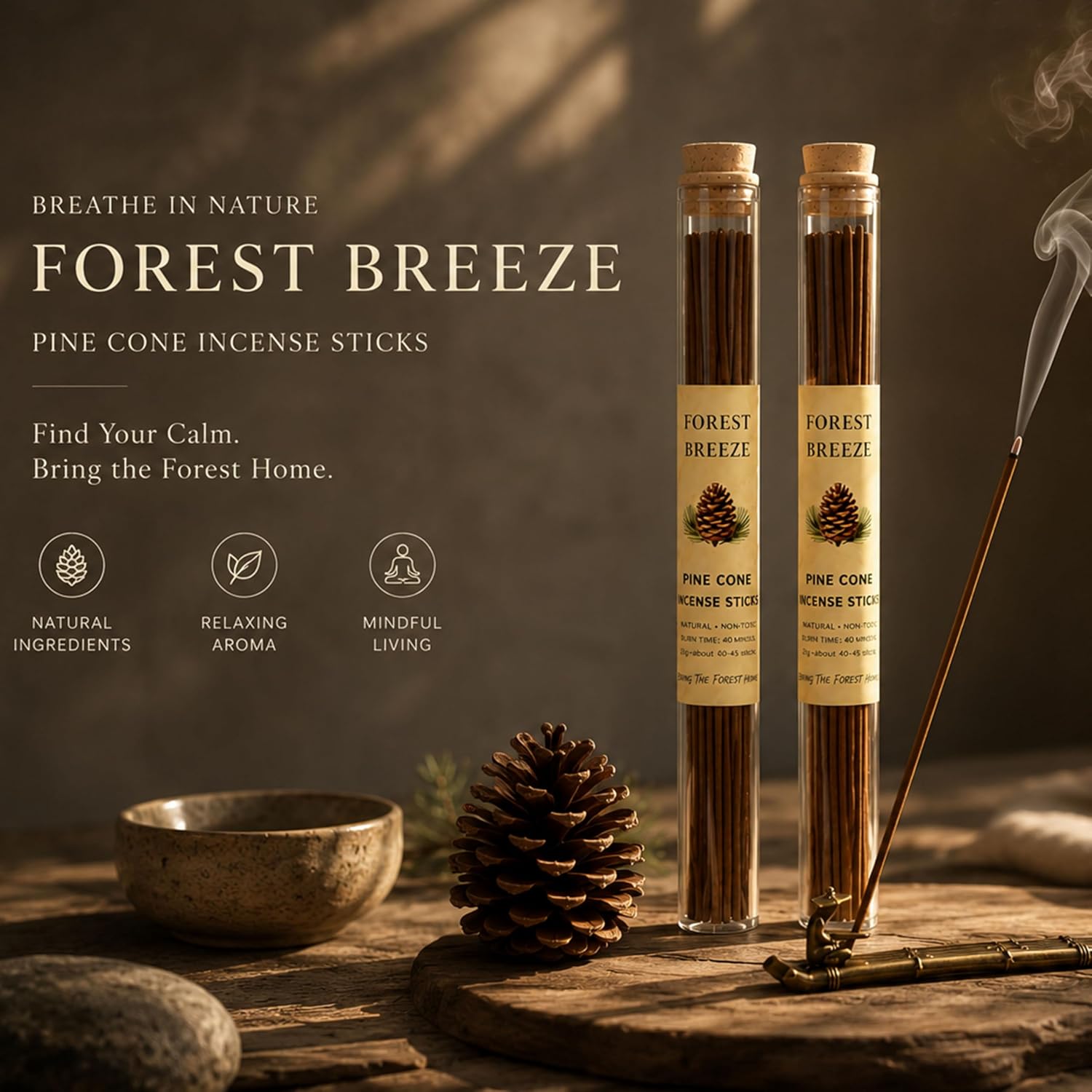 Pine Cone Incense Sticks-2 Tubes, Approx. 80-90 Sticks (40g)- Long Lasting 40 Mins Each - Pure Hand-Natural Incense Sticks for Meditation, Yoga, Relaxation & Home Fragrance Pine Cones Scent