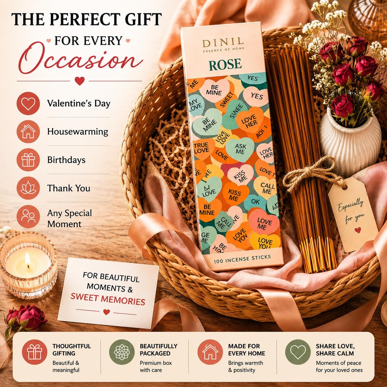 Dinil Rose Incense Sticks -100 Sticks | Hand-Rolled, Charcoal-Free | Low Smoke, Long-Lasting Clean Burn | Rose Scented | Ideal for Meditation, Yoga, Relaxation & Aromatherapy