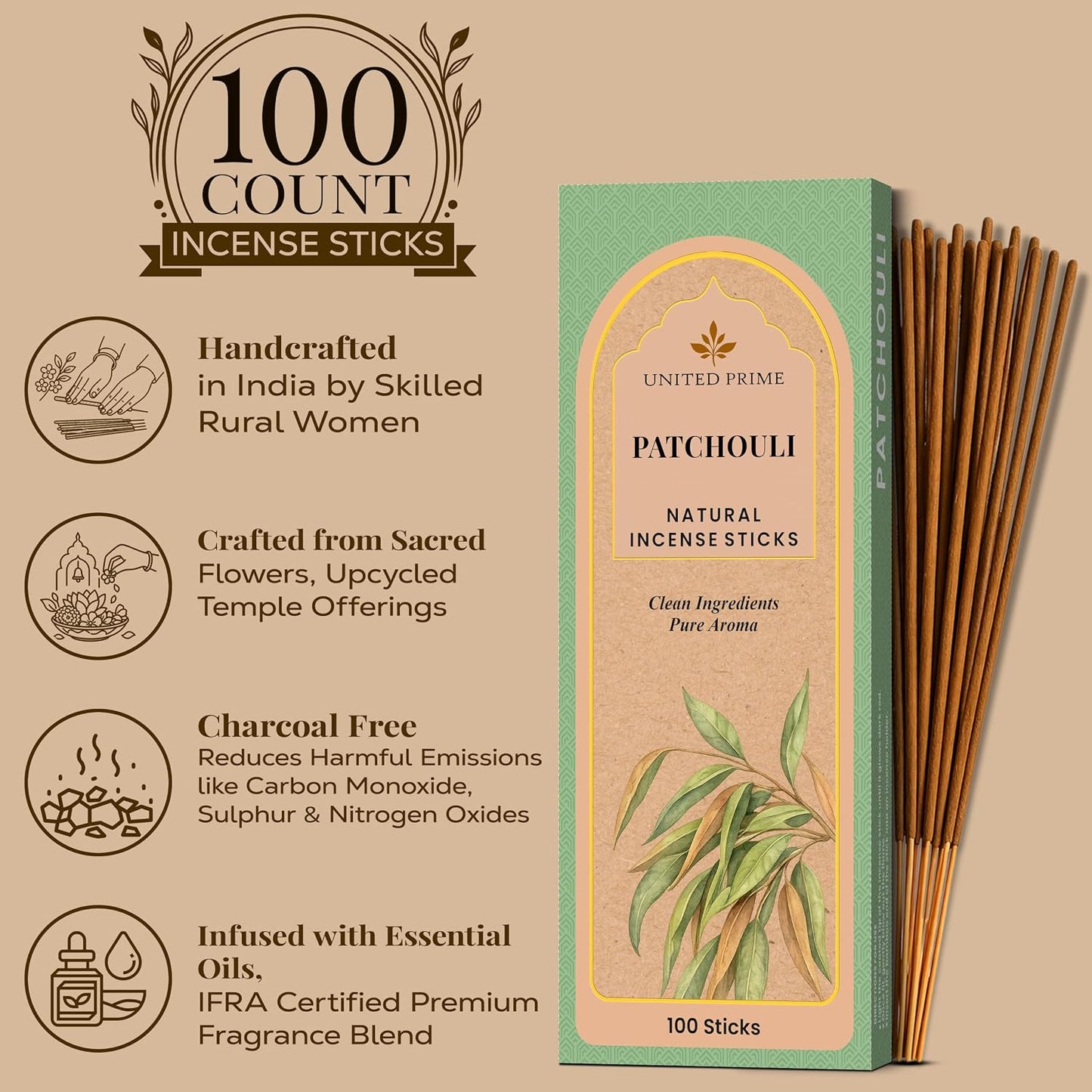 Natural Patchouli Incense Sticks, 100 Sticks, Organic Insence Non Toxic, No Charcoal Clean Burning Inscent, Handmade from Upcycled Flowers, Positive Vibes Incense Calming Aroma