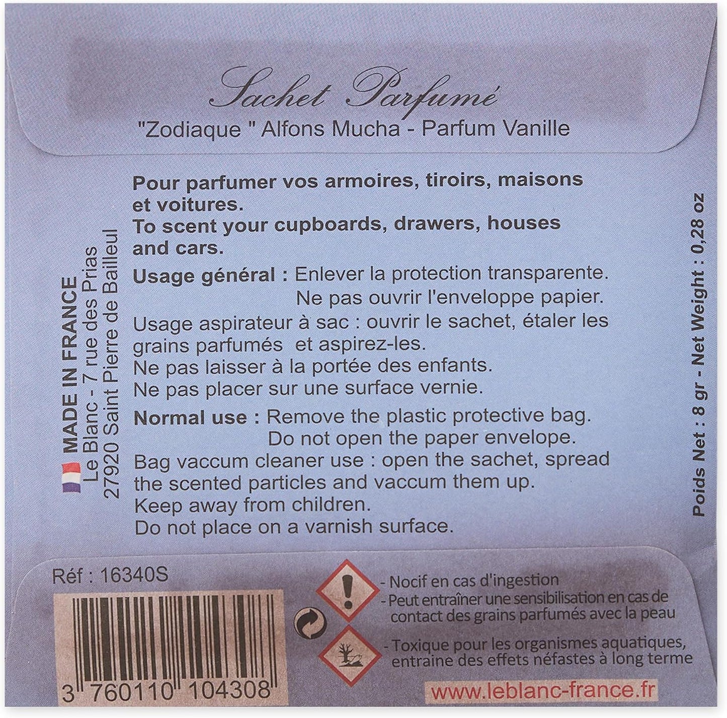 Le Blanc French Air Freshener Sachet Set, Eliminate Odors - Drawers, Closets, Linens, Luggage and Gifts, Zodiaque/Vanilla