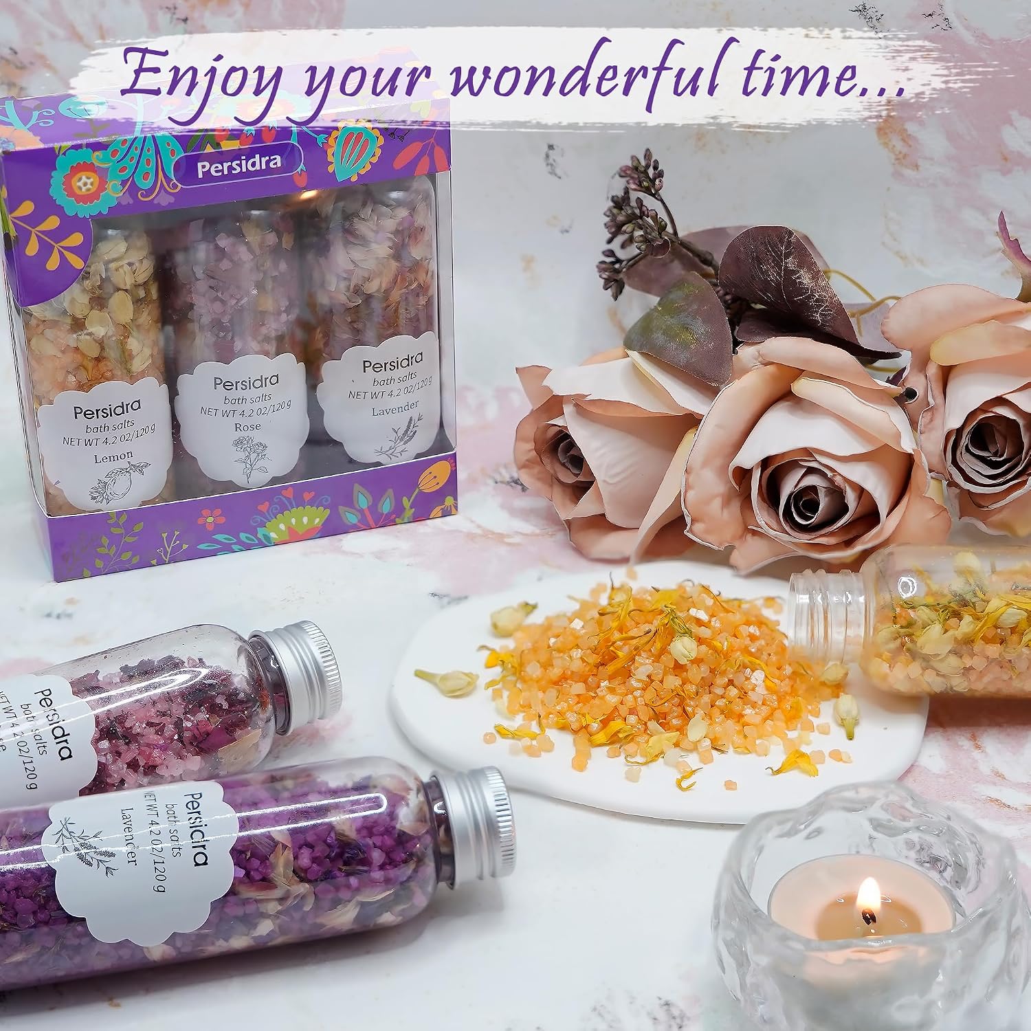 Bath Salts for Women Relaxing, Epsom Salt Gift Set, Anniversary Birthday Gifts, 3 Individual Pack, Spa Bath & Foot Soak, Organic with Dried Flower, Essential oil, Lavender, Rose & Lemon Scent, 12.7 oz