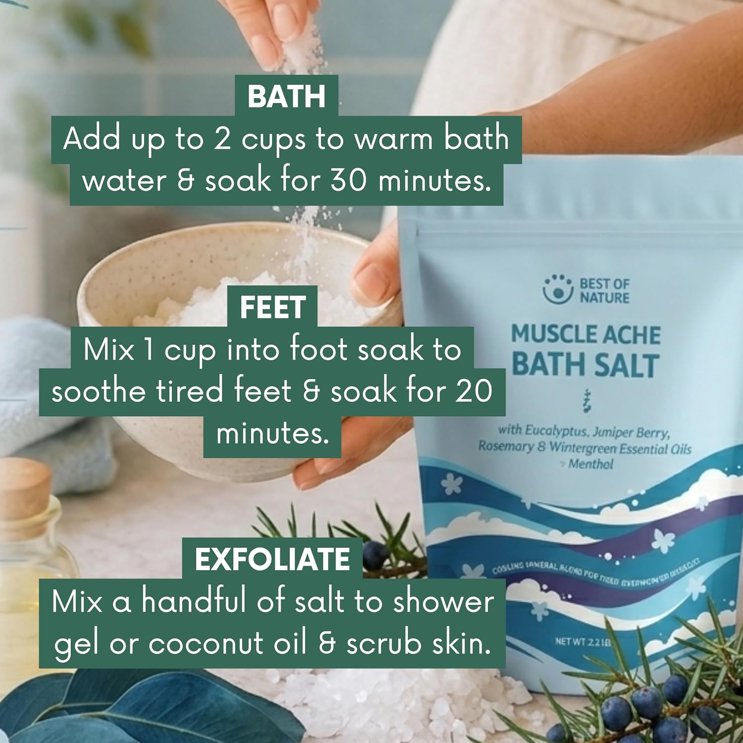 Best of Nature Muscle Ache Epsom Salt Bath Soak with Eucalyptus, Rosemary, Wintergreen & Menthol, Mineral-Rich Bath Salts, Bulk Pail, 24 lb