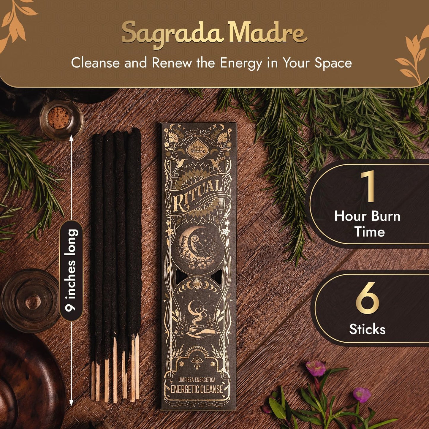 Ritual - Energetic Cleanse Incense Sticks, Purify & Refresh Your Space, 6 Sticks, 9 Inches Each, Natural Incense with Aromatic Concentrated Oil, Charcoal, Natural Binder & Salt - 1 Hour Burn Time