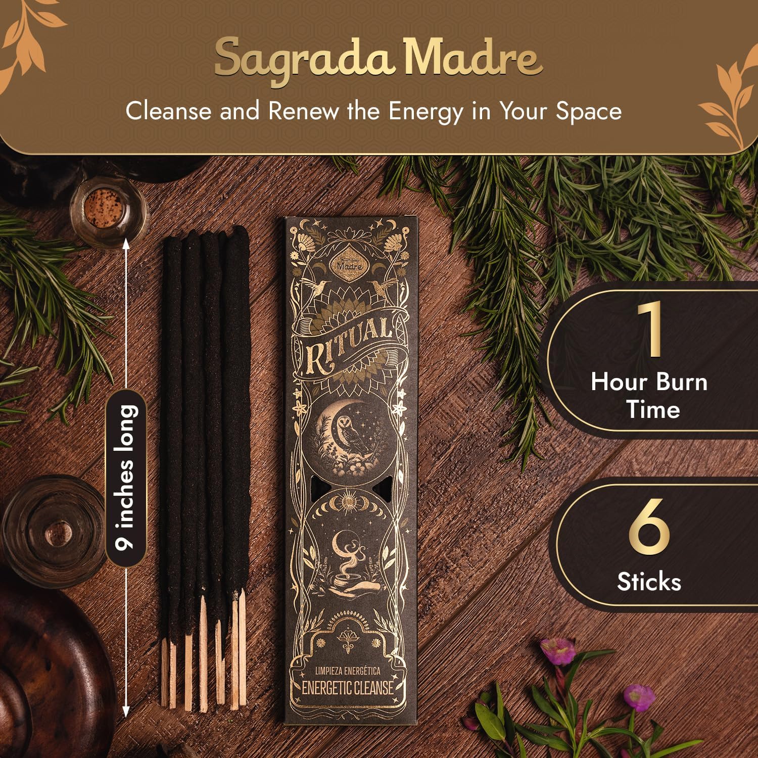 Ritual - Energetic Cleanse Incense Sticks, Purify & Refresh Your Space, 6 Sticks, 9 Inches Each, Natural Incense with Aromatic Concentrated Oil, Charcoal, Natural Binder & Salt - 1 Hour Burn Time