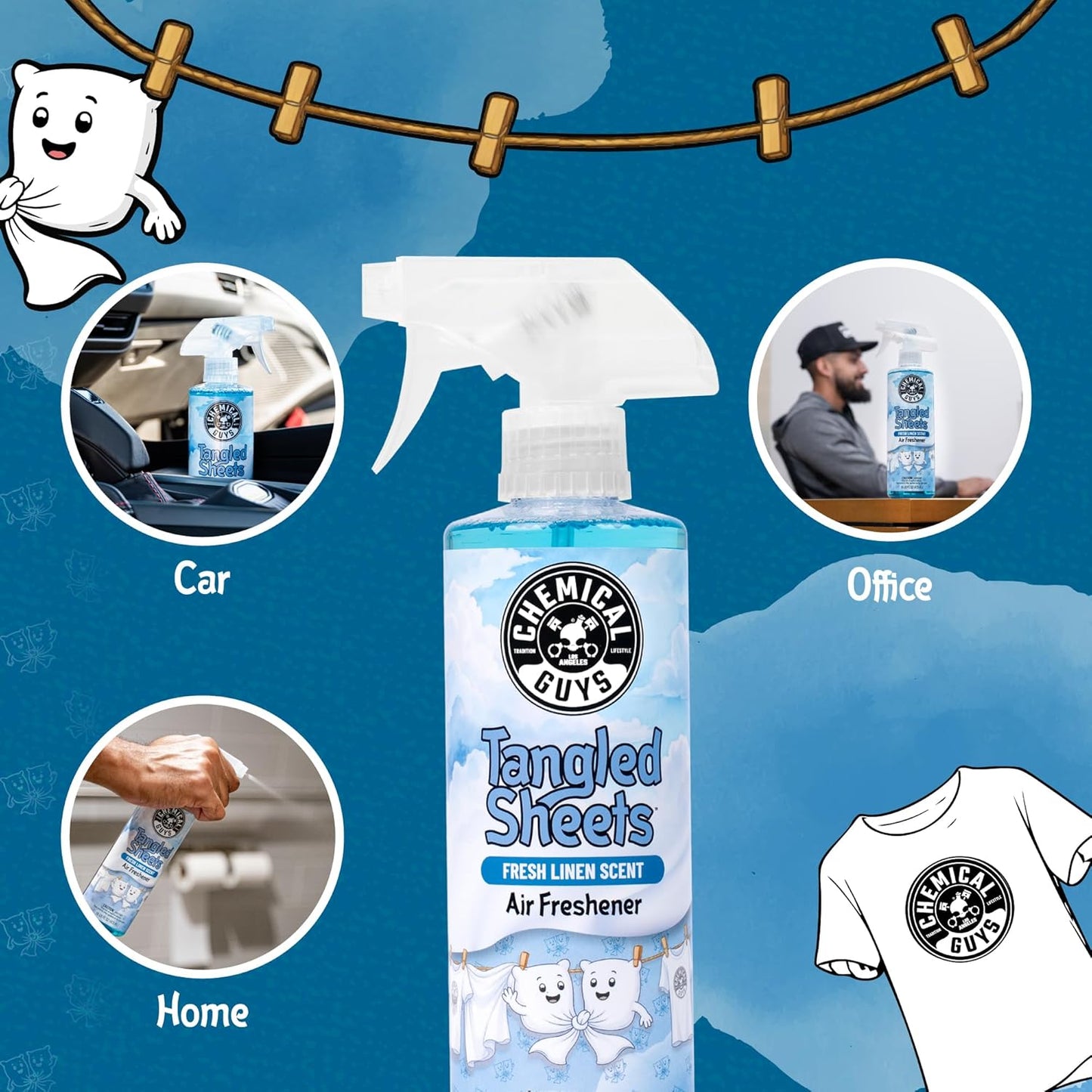 Chemical Guys Tangled Sheets Fresh Linen Scent Air Freshener Spray and Odor Eliminator, Clean Fabric Inspired Spray for Home, Office, Bathroom, Dorm, and Car Interior - 4 Fl Oz