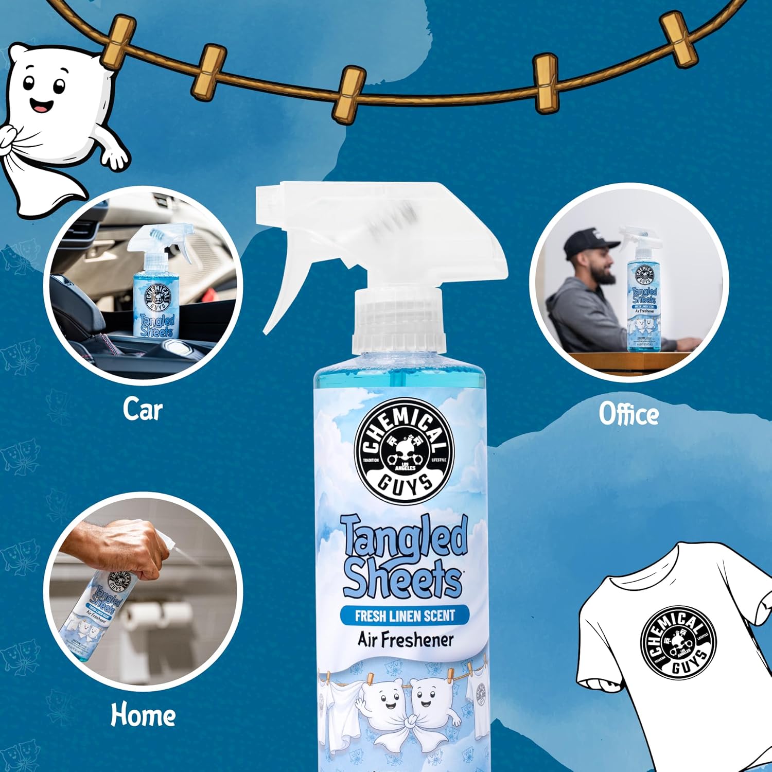 Chemical Guys Tangled Sheets Fresh Linen Scent Air Freshener Spray and Odor Eliminator, Clean Fabric Inspired Spray for Home, Office, Bathroom, Dorm, and Car Interior - 4 Fl Oz