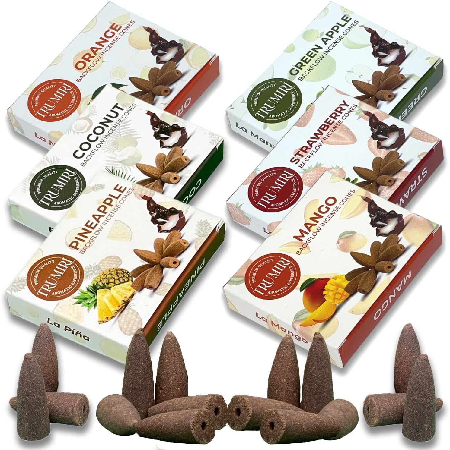 Fruity - Backflow Incense Cones for Waterfall - Scented Inscents-Cones - Pineapple, Strawberry, Coconut, Mango, Apple, Orange - Insiensos Aromaticos - 6x10=60 Large Variety Pack