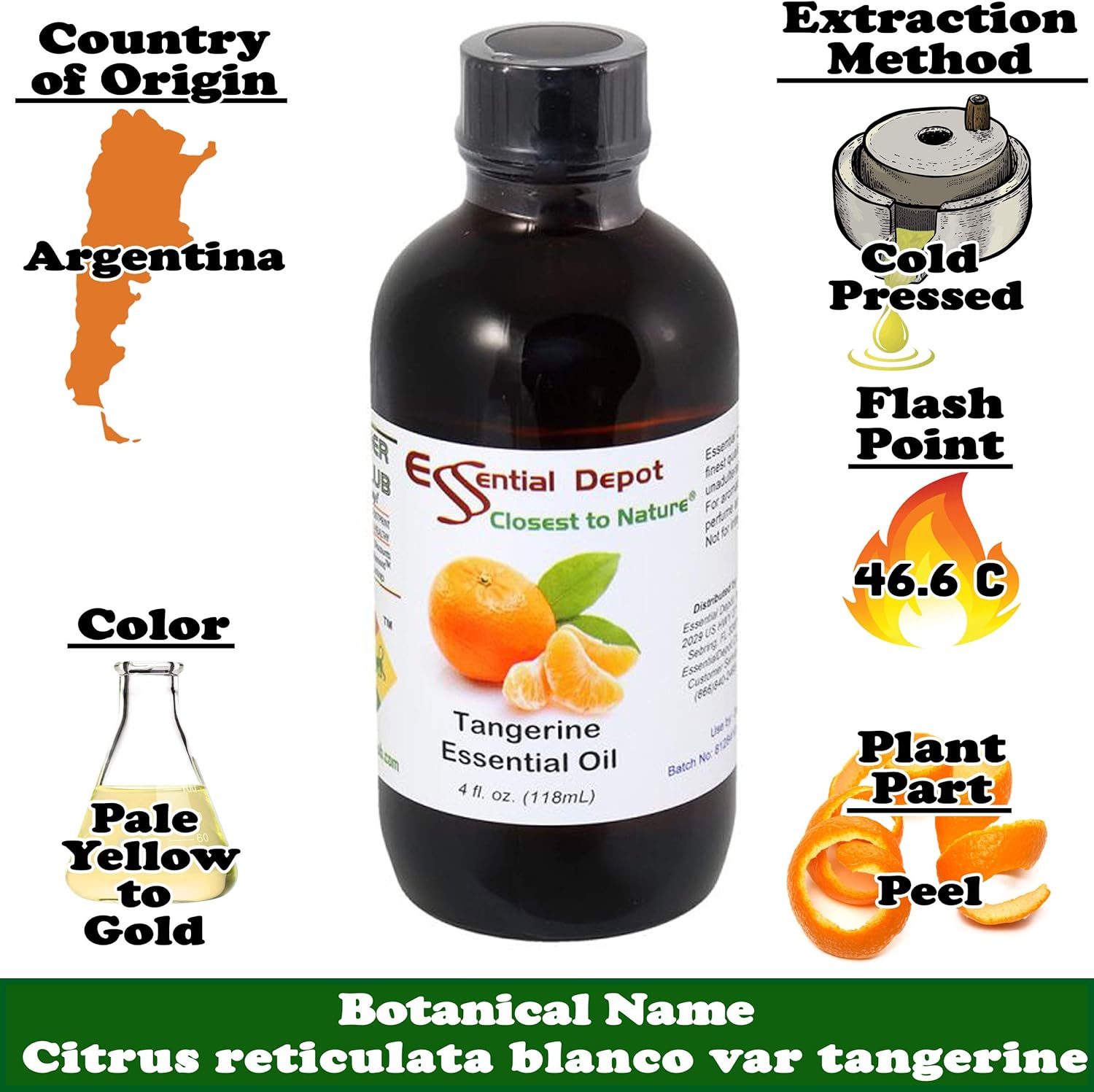 Essential Depot Tangerine Essential Oil - GC/MS Tested - Supplied in 4 oz. Amber Glass Bottle with Black Phenolic Cone Lined and Safety Sealed Cap