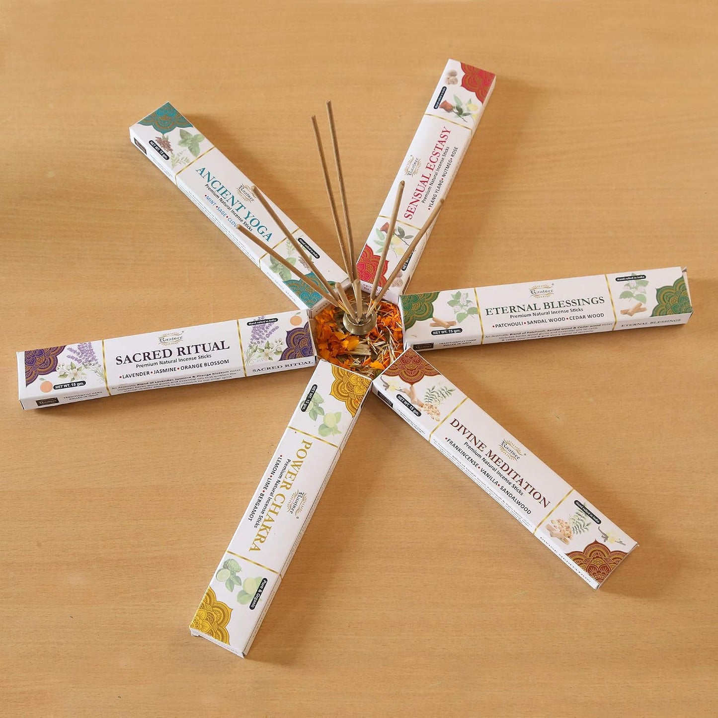 Raajsee Natural Incense Sticks,6 Pack Mixed Scents Gift Pack 15 gm Each (90 gm Total), Insense Sticks Variety Pack, 100% Organic Non Toxic Natural - Hand Rolled Free from Chemicals