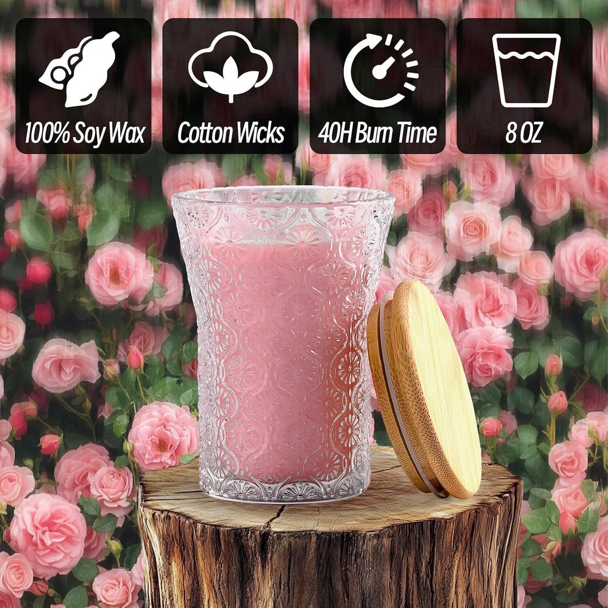 Rose Scented Candle, Pink Luxury Candles Jar Gift Women 40 Hours