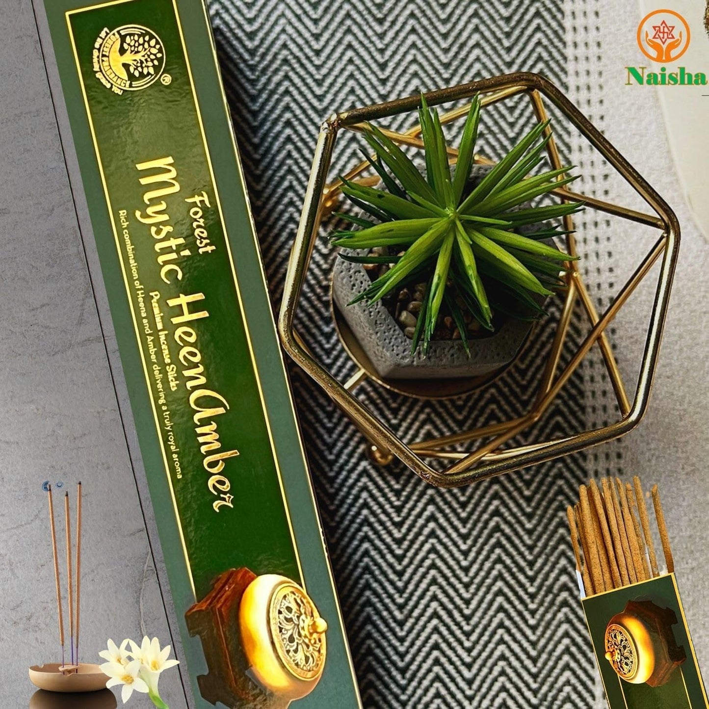 Naisha Incense Sticks Set of 4 (50 Gm Each) Spiritual Gift for Purification & Meditation, Indian Aromatherapy Set, Mystic Lavender, Mystic HeenAmber, Mystic Sandal, Chandan Wood (Mystic Mood)